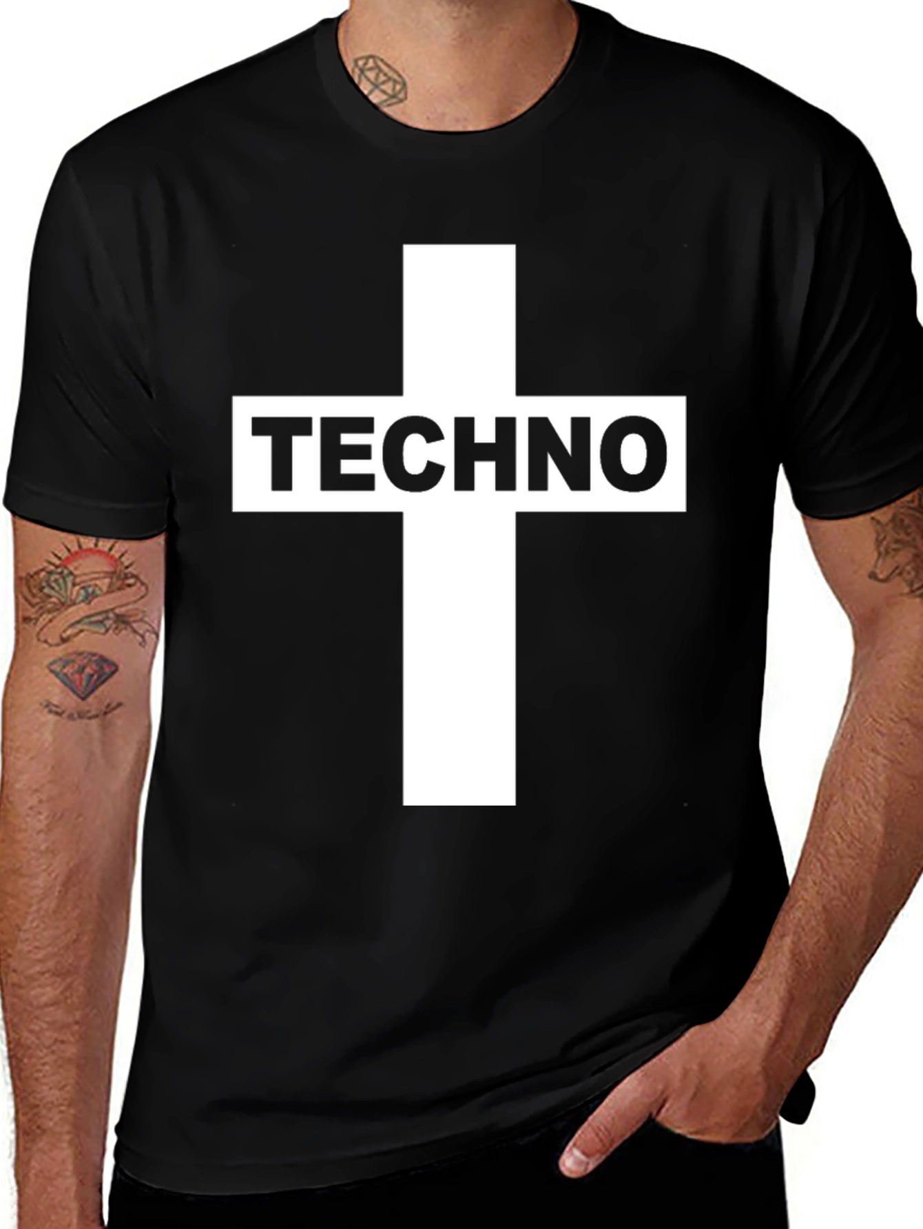 Variant 9 of Techno Cross Graphic T-Shirt - Black Crew Neck Tee