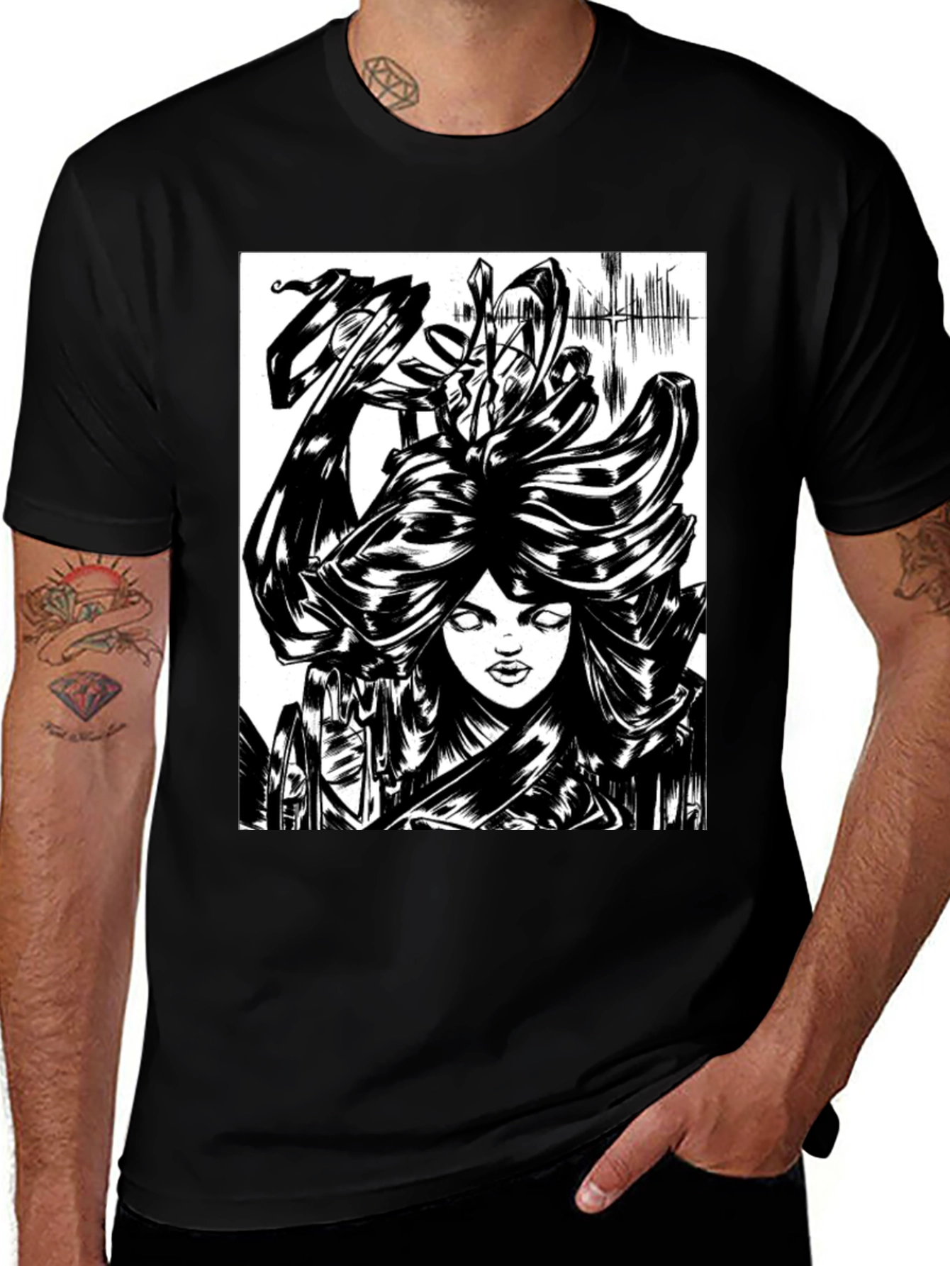 Variant 13 of Black Graphic Tee - Striking Anime-Style Illustration
