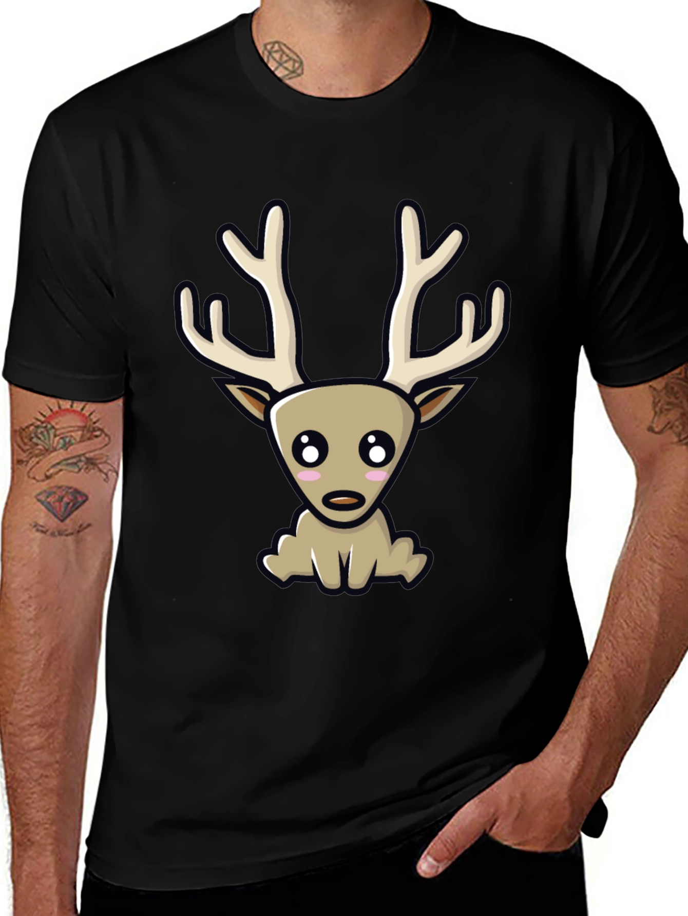 Variant 18 of Cute Cartoon Deer Graphic Tee - Black Cotton Blend