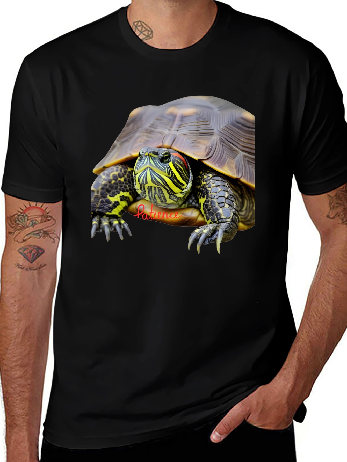 Black Turtle Graphic Tee - Patience Design - Black Cotton T-Shirt main image