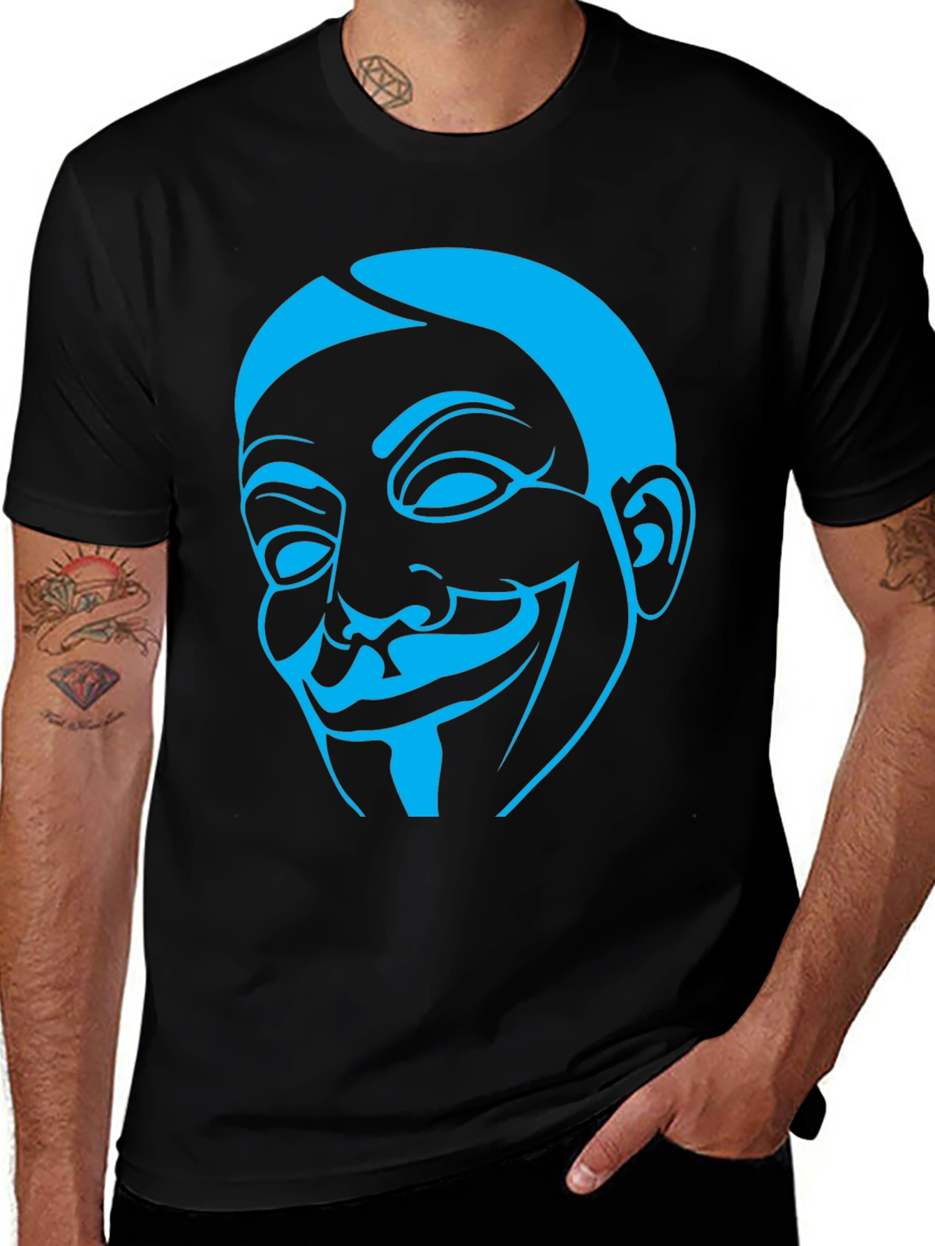 Black Guy Fawkes Mask Graphic Tee - Black Cotton Shirt main image