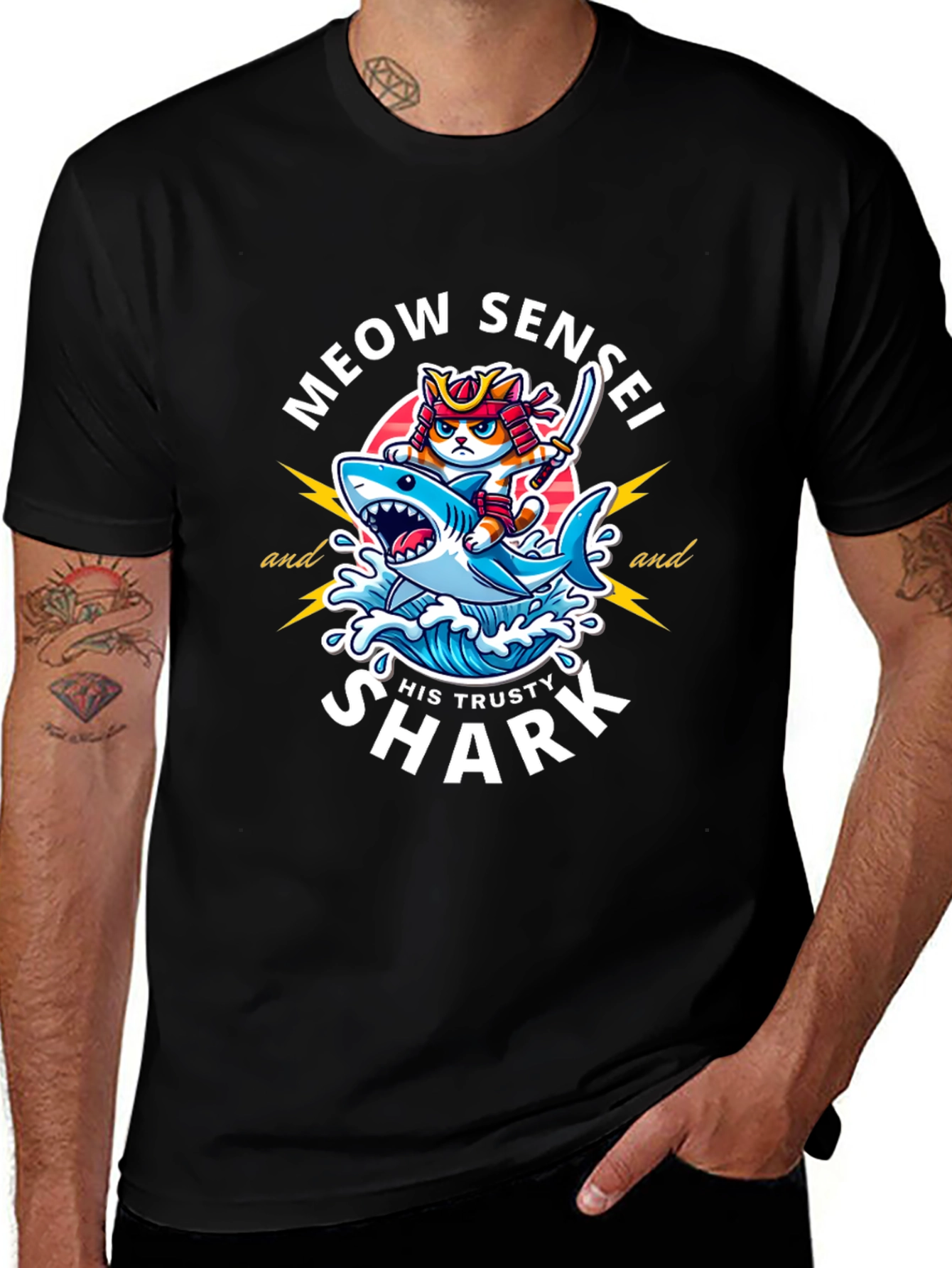 Variant 14 of Meow Sensei & Shark T-Shirt - Fun Graphic Tee