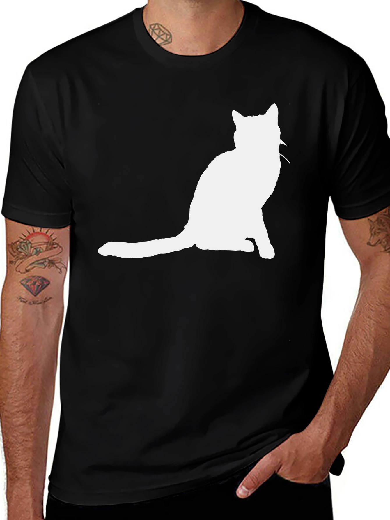 Variant 10 of Black T-Shirt with White Cat Silhouette Graphic