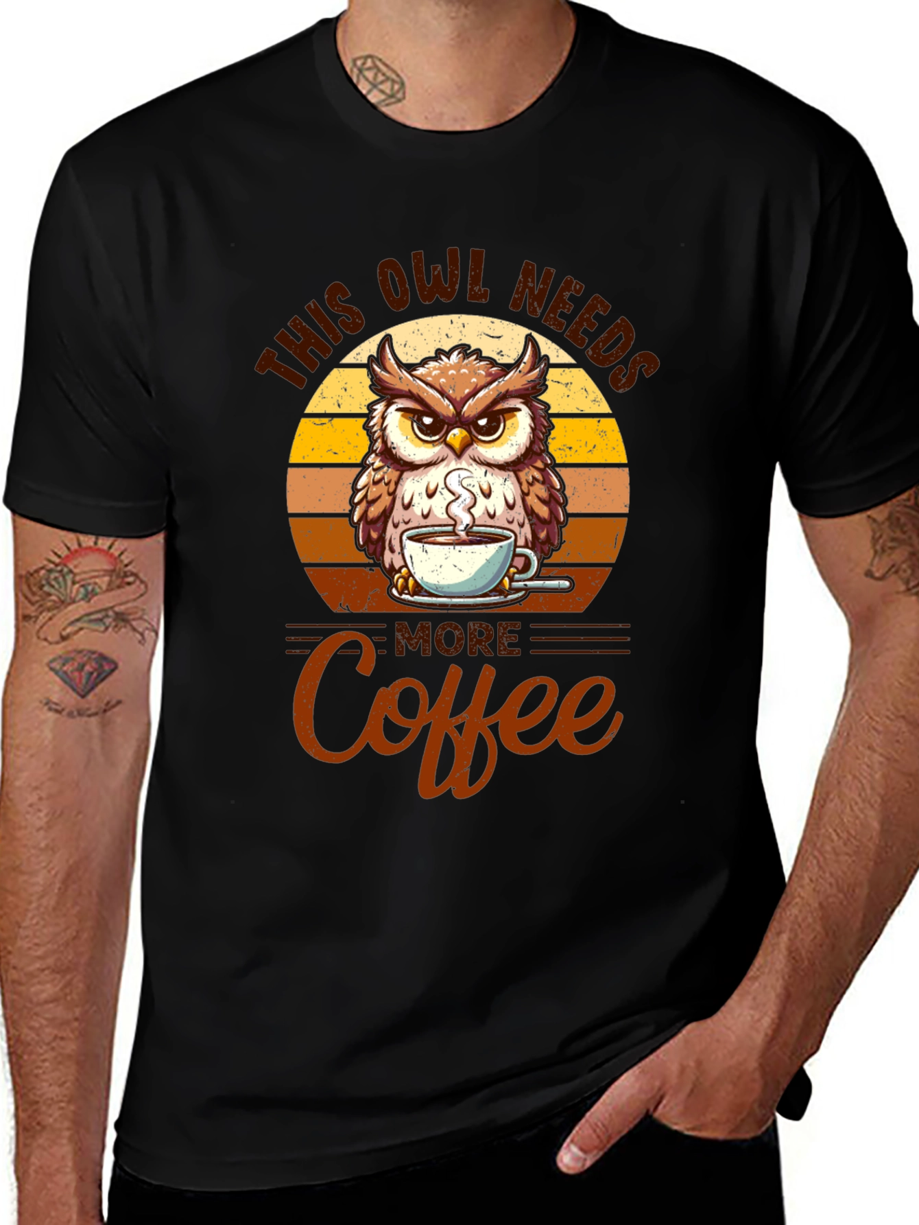 Variant 17 of Owl Needs More Coffee Black T-Shirt