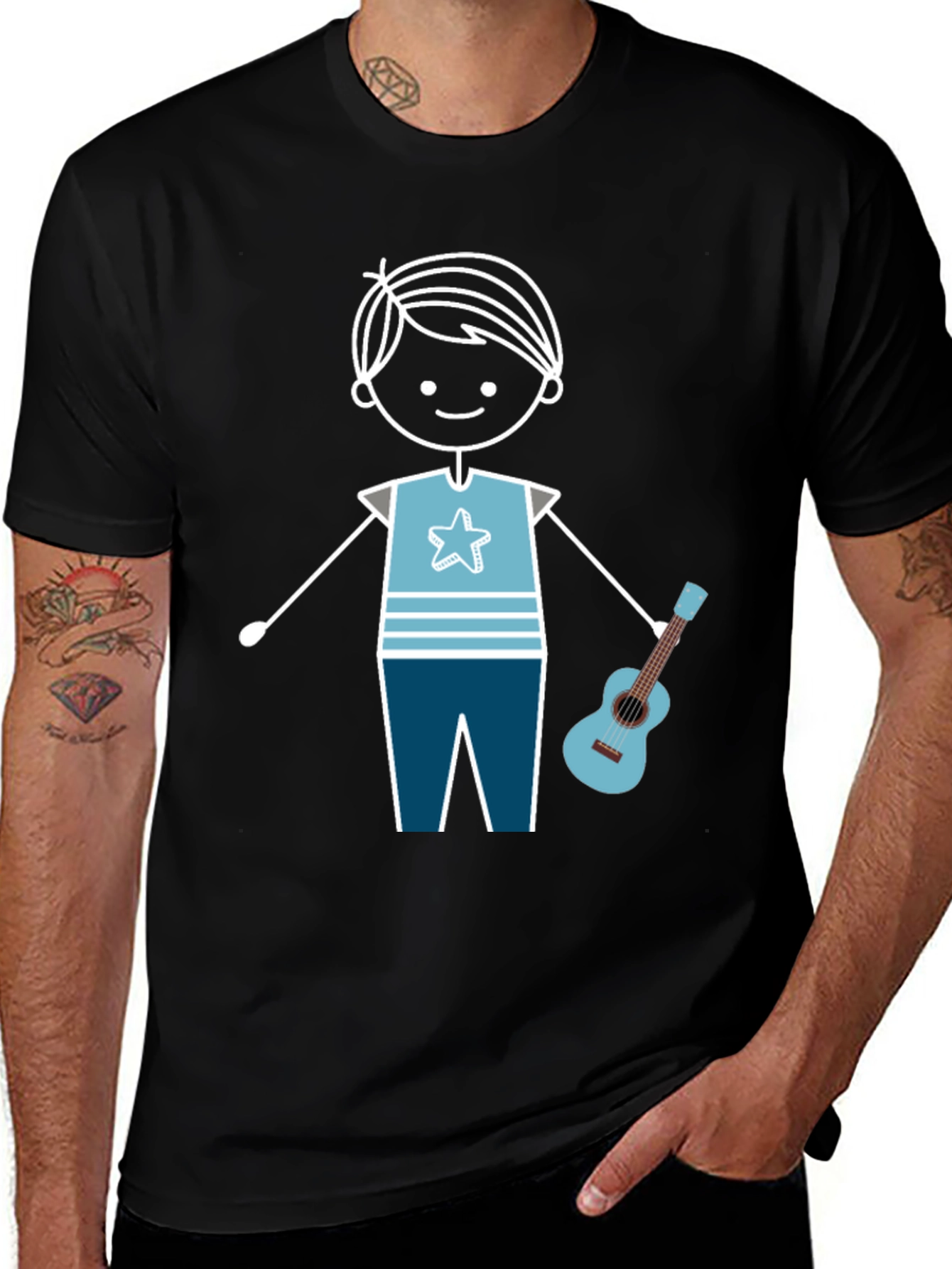 Black Cartoon Boy With Guitar Graphic T-Shirt main image