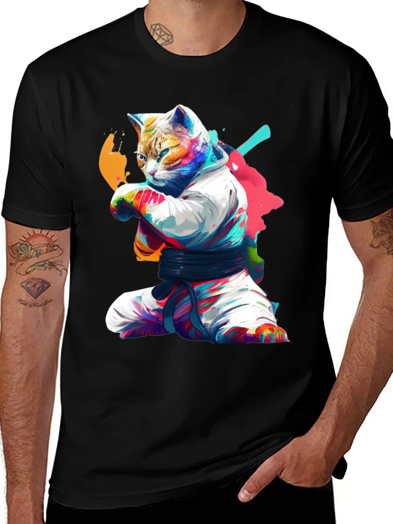 Variant 6 of Karate Cat Graphic T-Shirt - Black Cotton Tee
