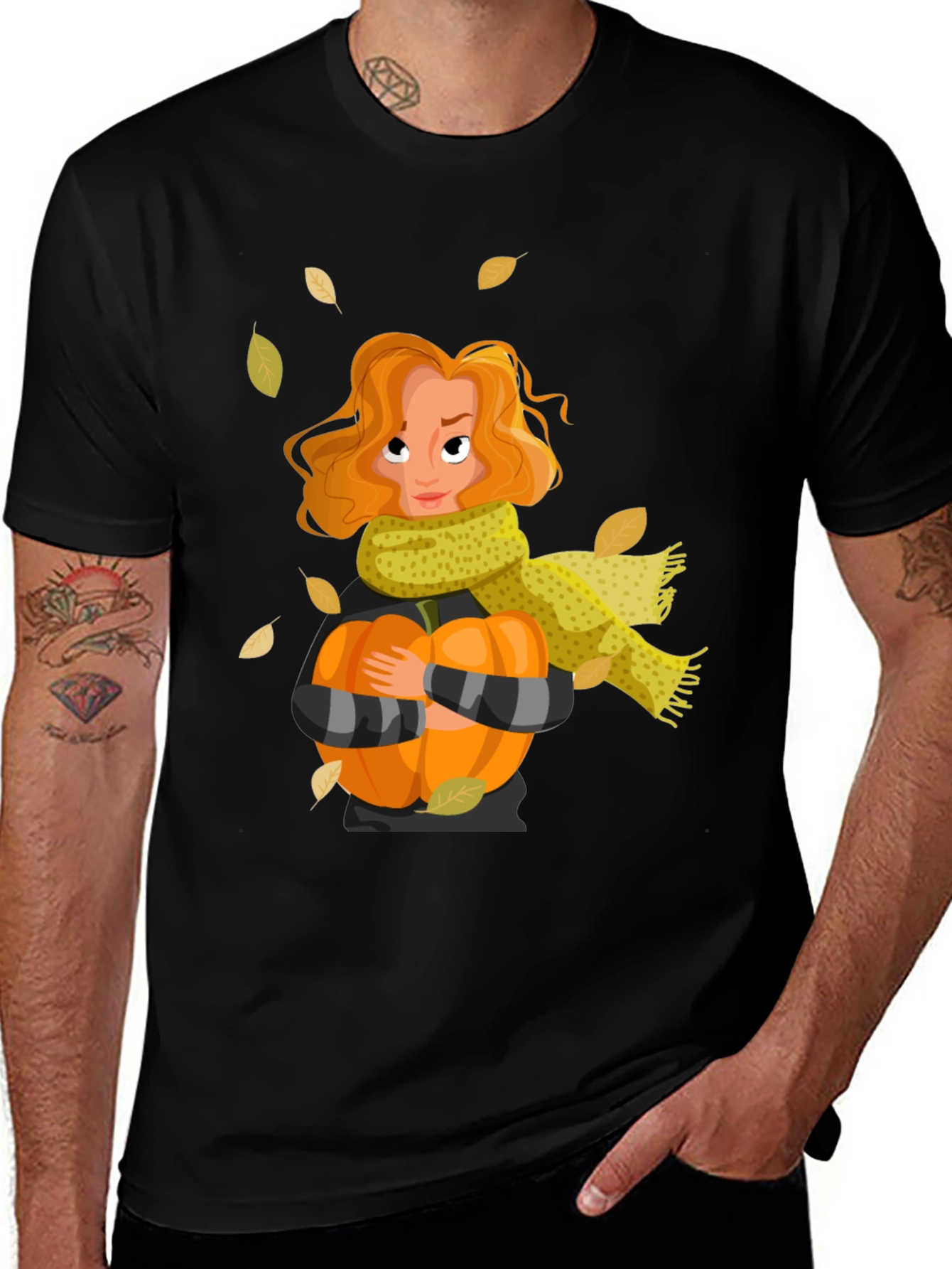 Variant 6 of Fall Harvest T-Shirt: Woman, Pumpkin, & Falling Leaves