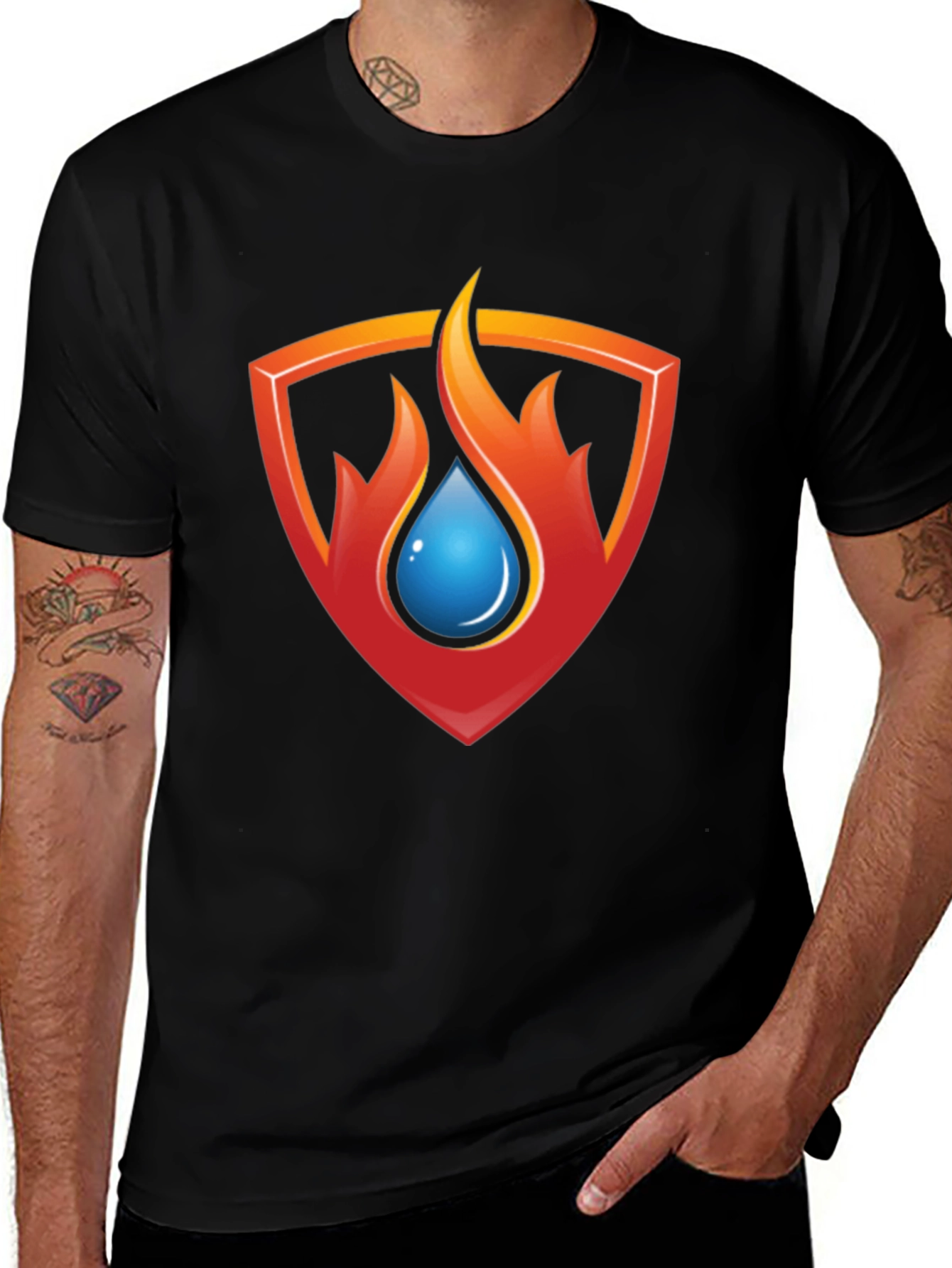 Variant 28 of Fire and Water Shield Graphic Tee - Black Cotton Blend