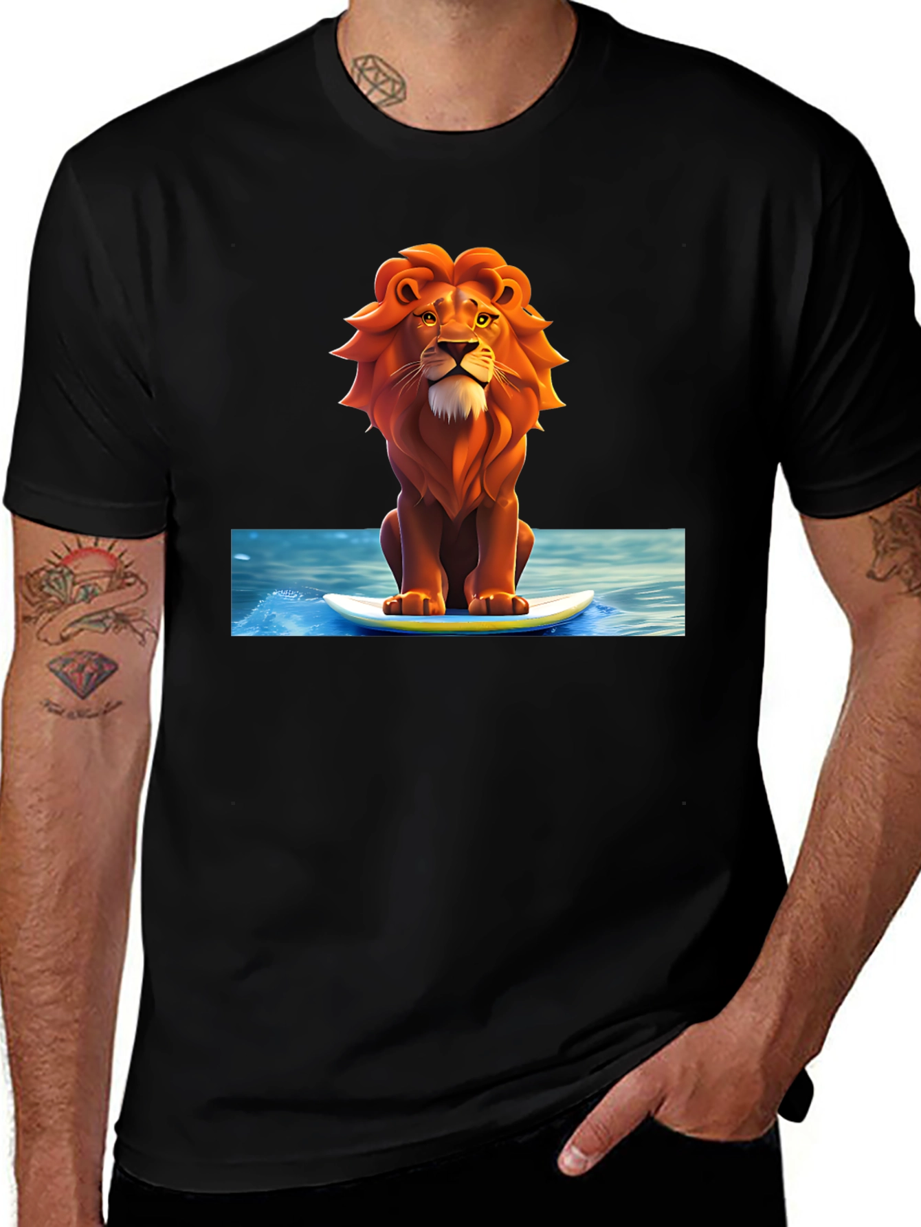 Variant 13 of Lion Surfing Graphic T-Shirt - Cool Cartoon Tee