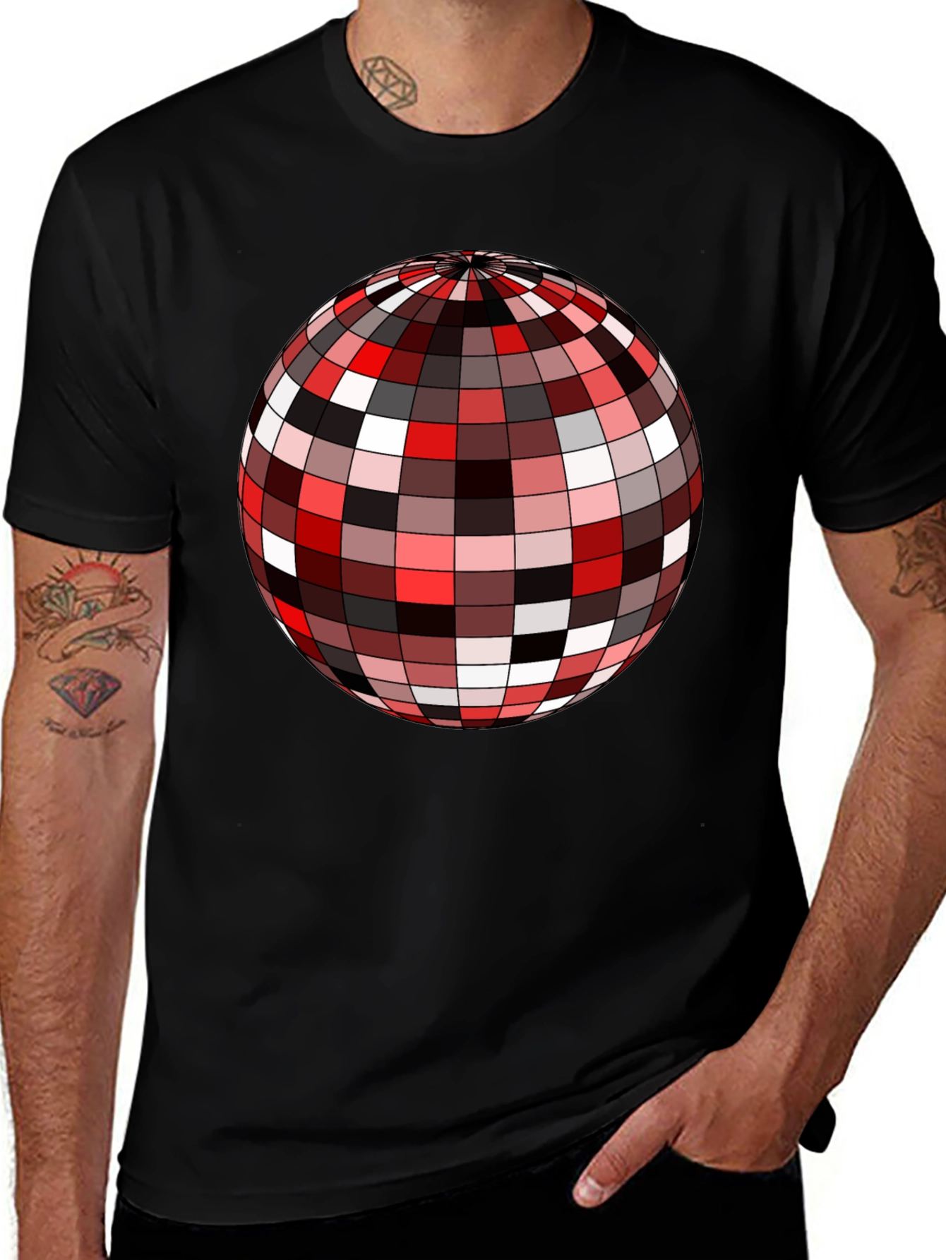 Variant 25 of Retro Disco Ball Graphic Tee - Black Crew Neck Shirt