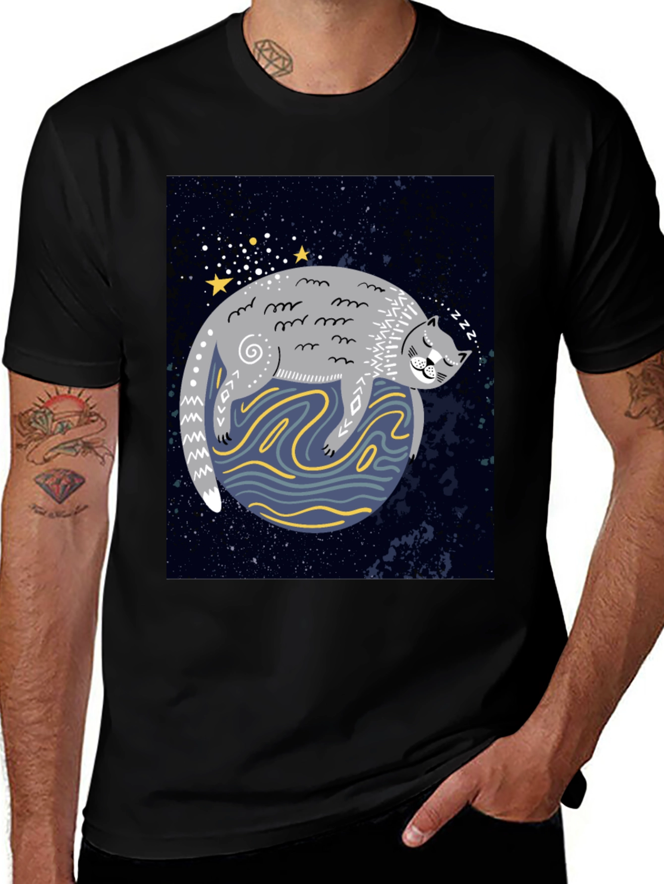 Variant 3 of Cosmic Cat Nap T-Shirt - Black Cotton Tee