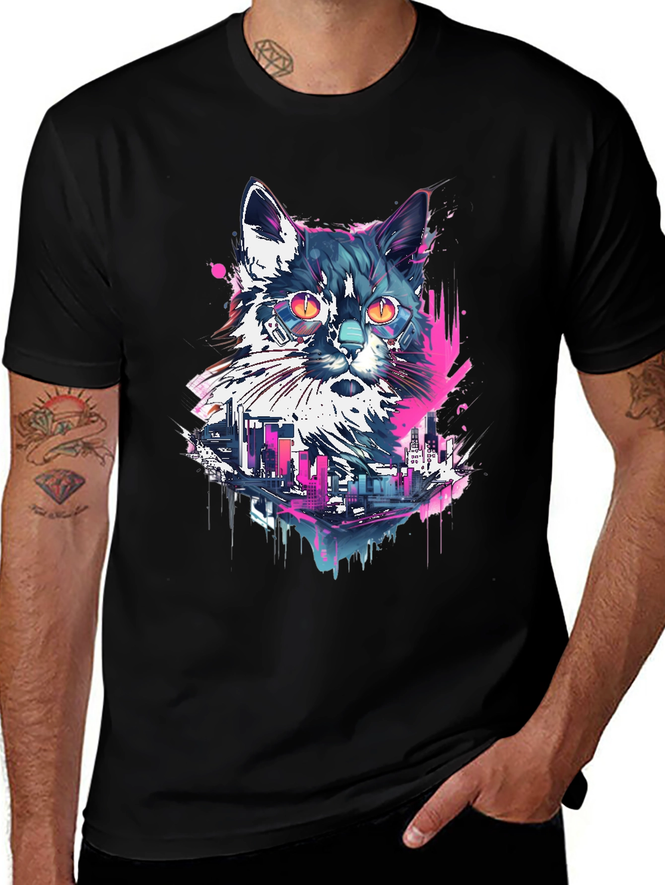 Variant 14 of Cyberpunk Cat Cityscape Graphic Tee