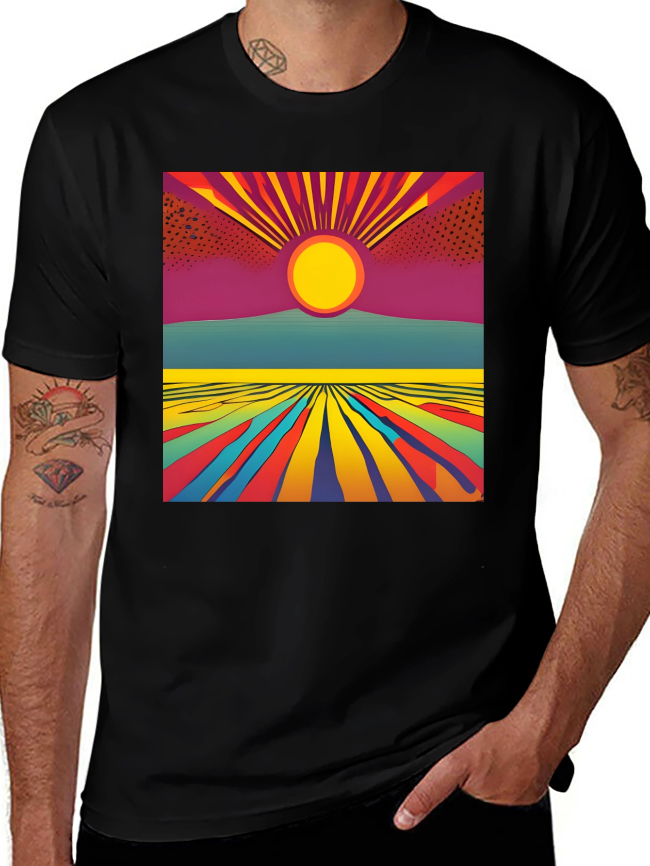 Variant 24 of Retro Sunburst Graphic Tee - Black Cotton T-Shirt