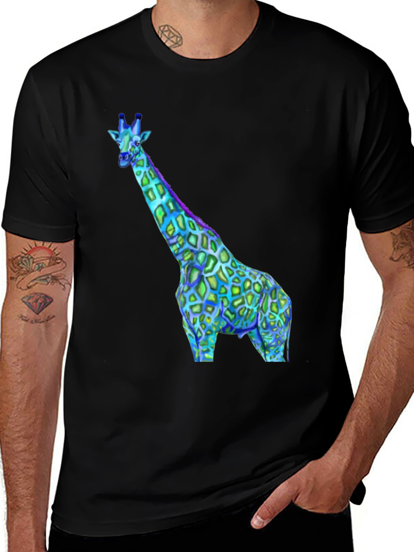 Variant 25 of Neon Giraffe Graphic Tee - Black Crewneck Shirt