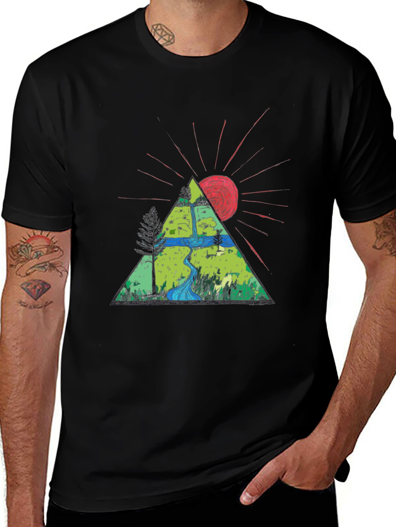 Nature Triangle Graphic Tee - Black Cotton T-Shirt