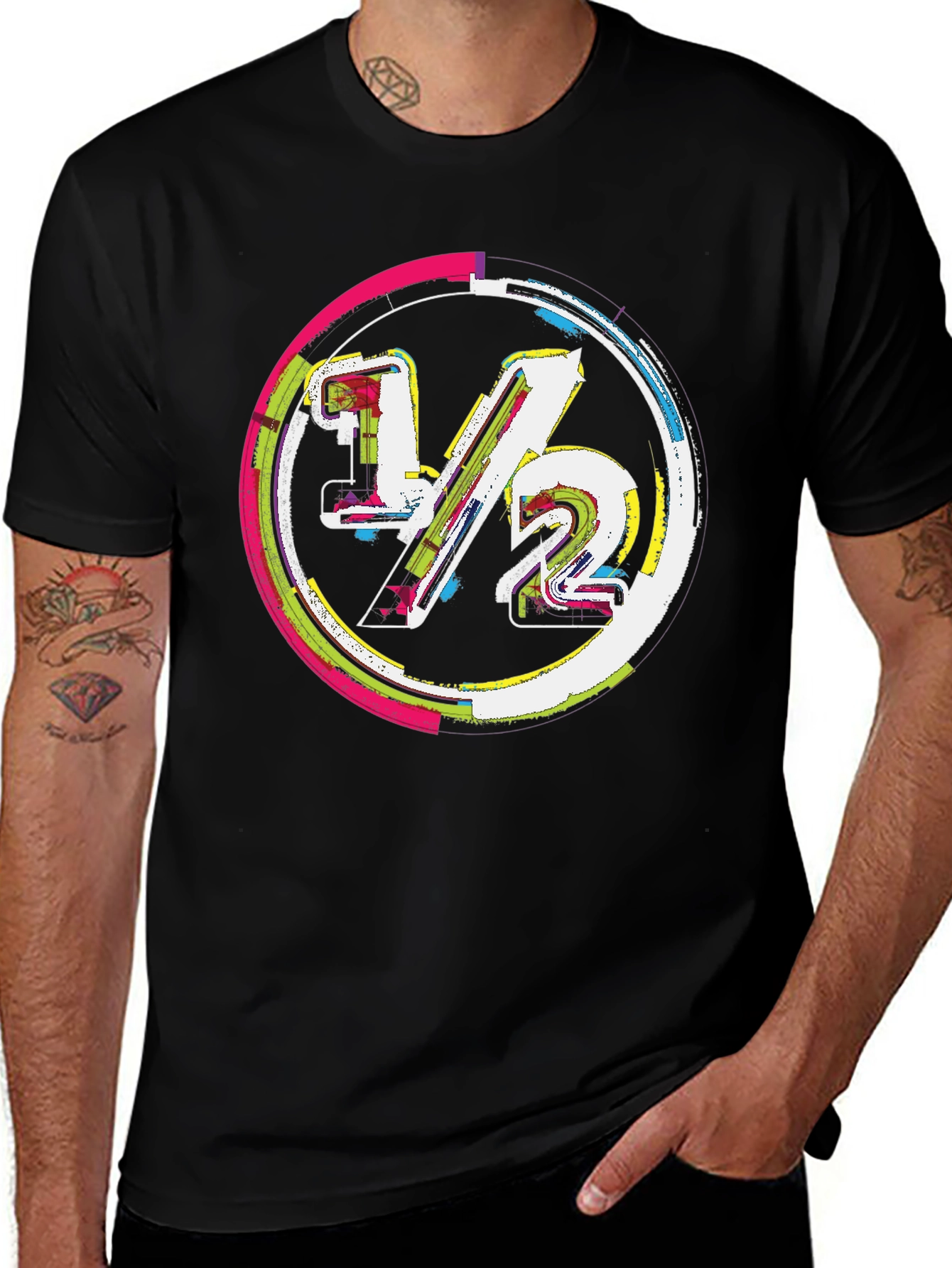 Variant 15 of Modern 1/2 Graphic Tee - Unique Design, Black Cotton
