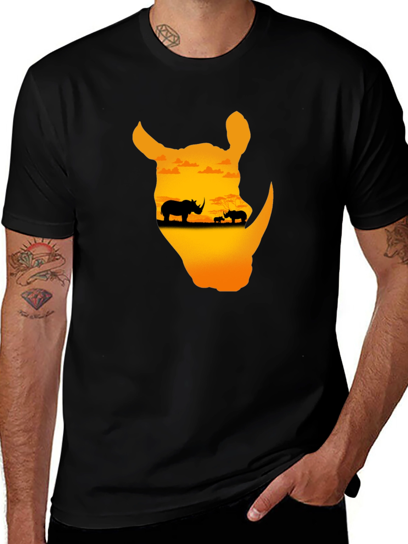 Variant 12 of Rhino Silhouette T-Shirt - African Wildlife Sunset Design