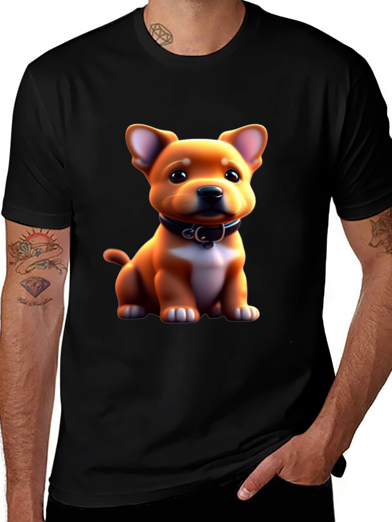 Cute Cartoon Puppy Graphic Black T-Shirt