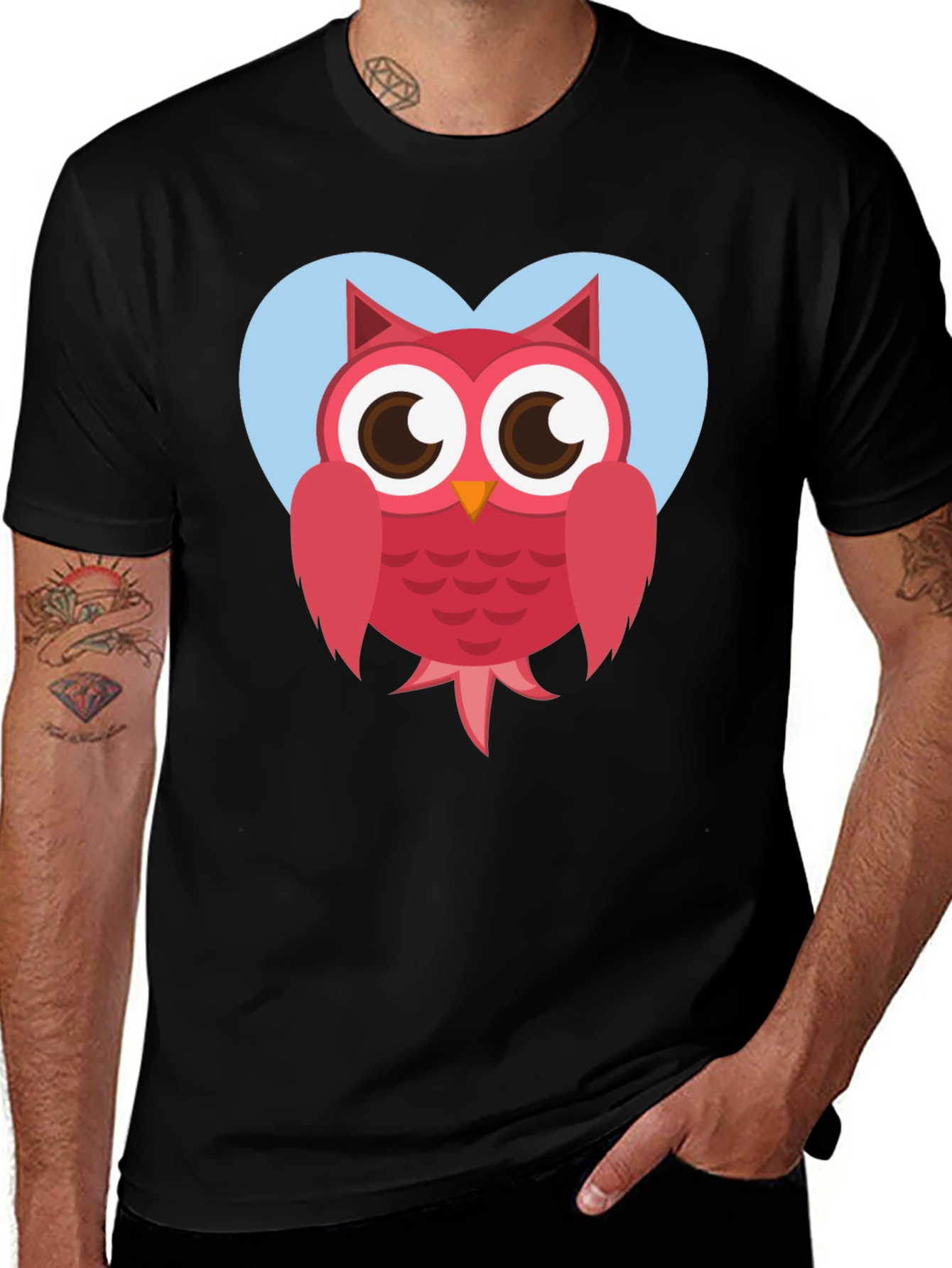 Variant 26 of Cute Owl Heart Graphic T-Shirt - Black Cotton Tee