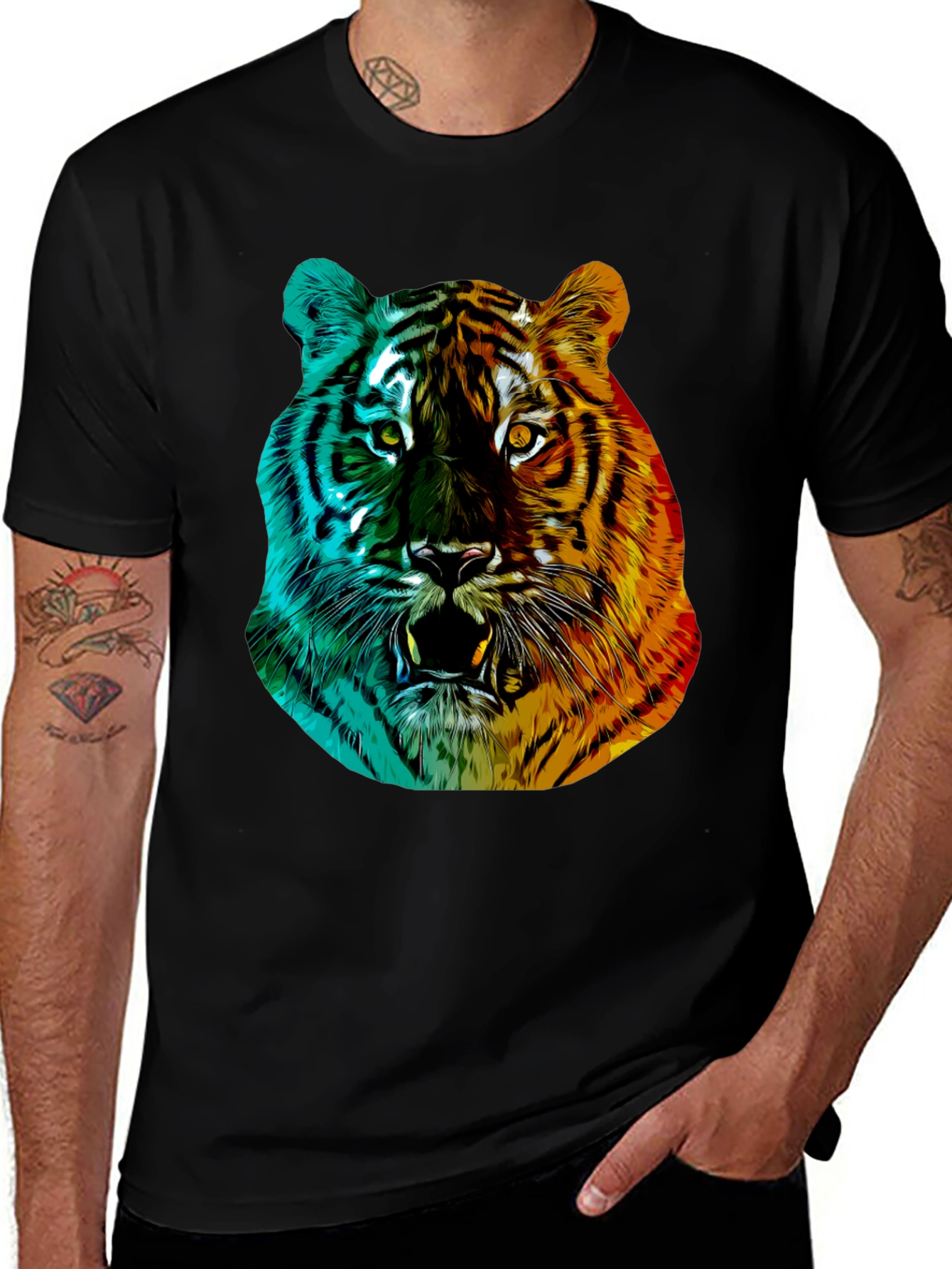 Variant 30 of Vibrant Tiger Graphic Tee - Black Crew Neck