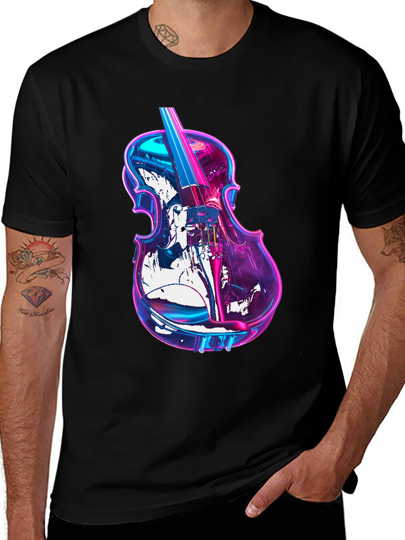 Variant 8 of Vibrant Neon Violin Graphic Black T-Shirt