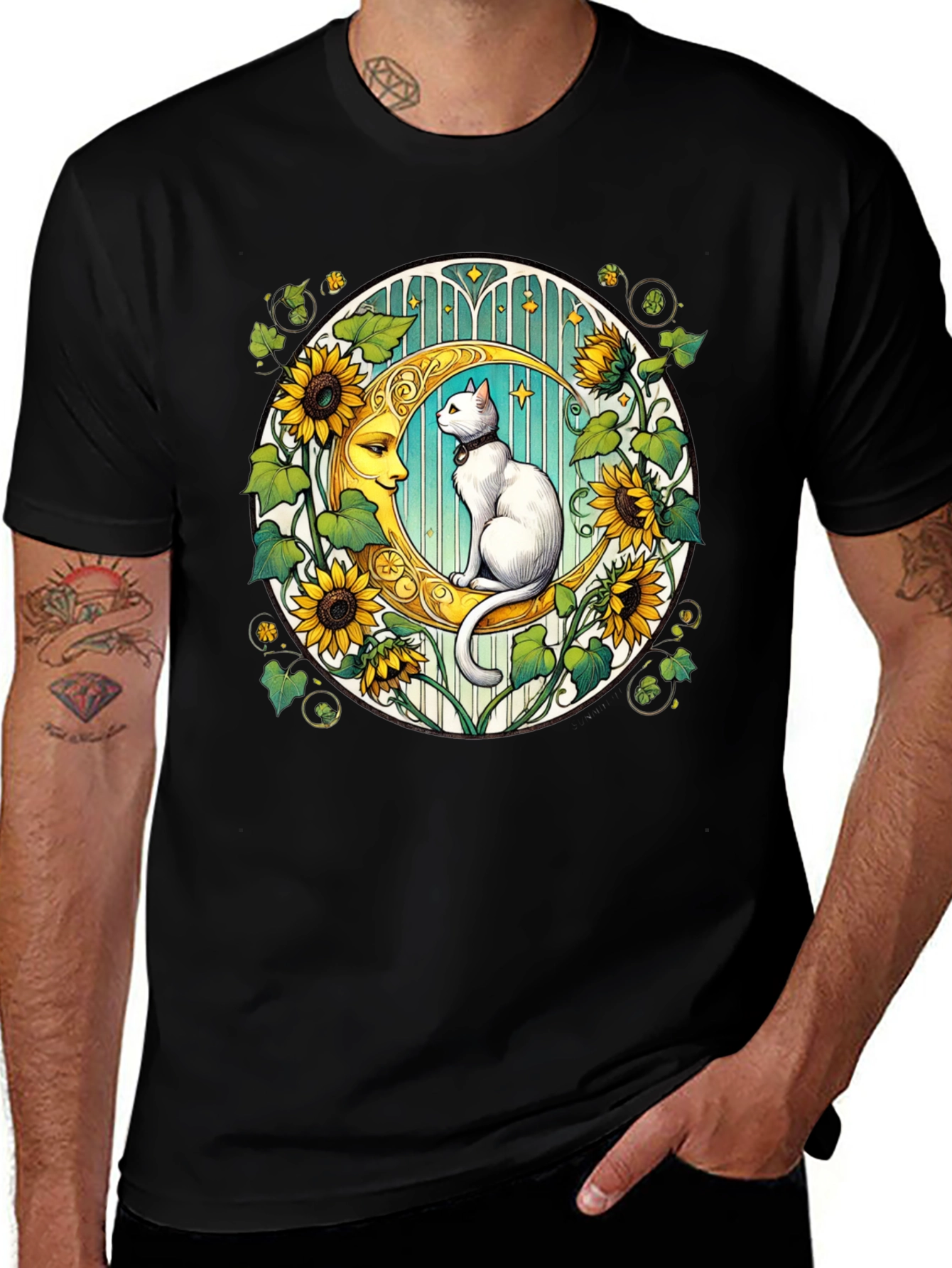 Variant 29 of Cat on Moon Sunflower Graphic Tee