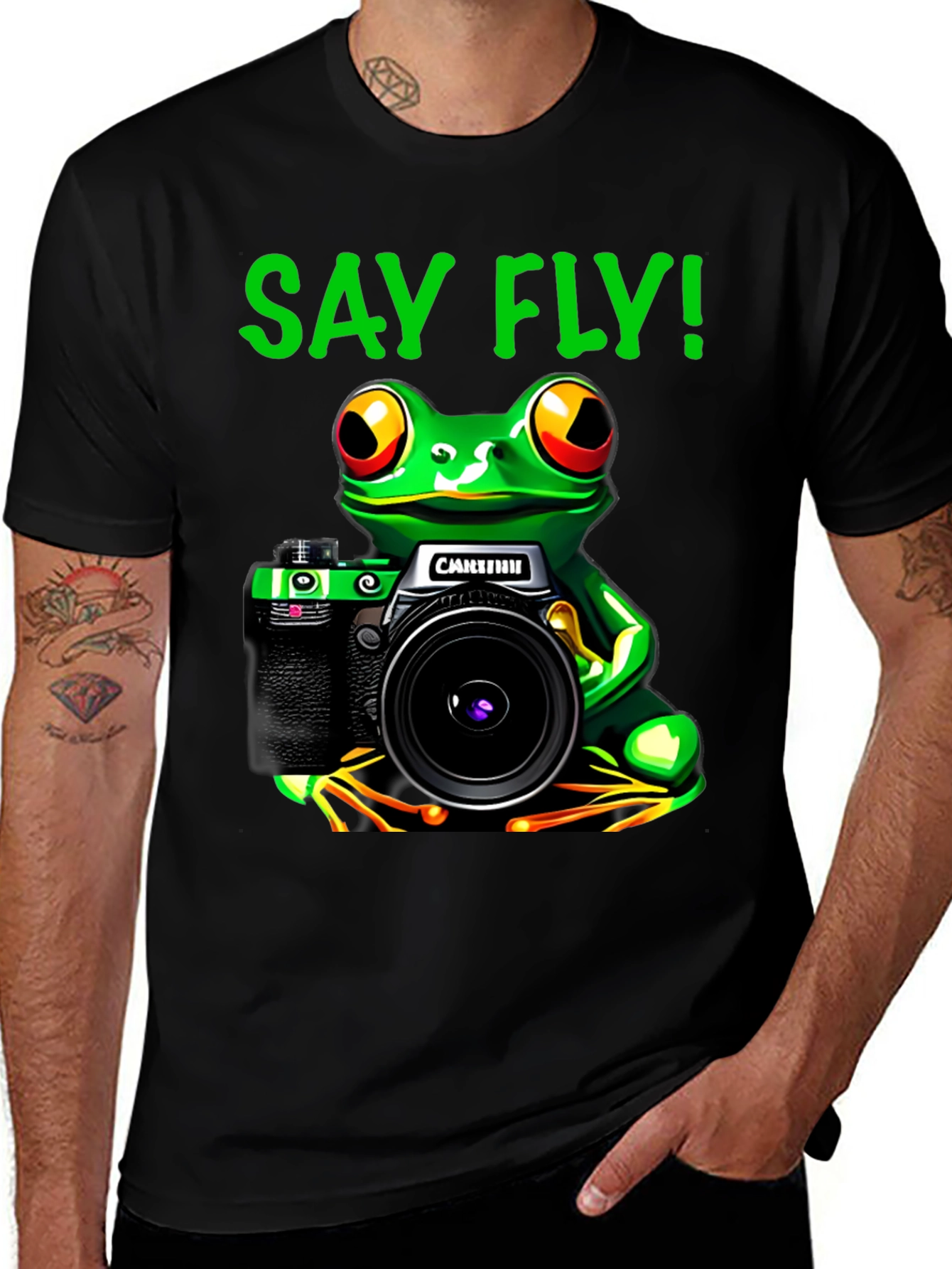 Variant 29 of Frog Photographer T-Shirt - Say Fly! Black Cotton Tee
