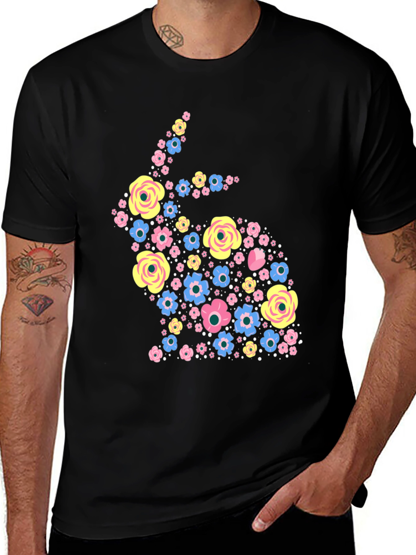 Variant 28 of Floral Easter Bunny Graphic Tee - Black Cotton Blend