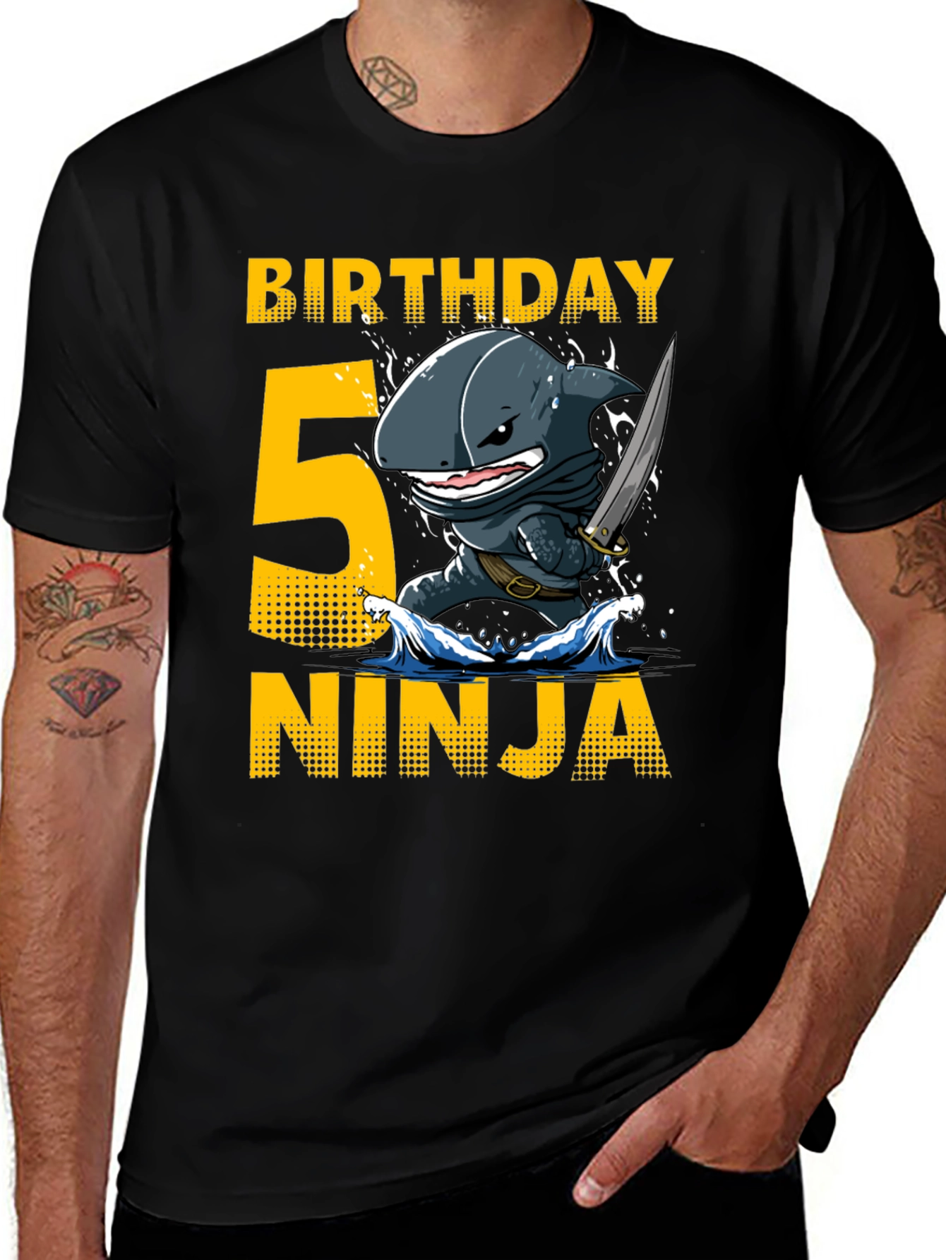 Variant 13 of Birthday Ninja Shark Boy's Black T-Shirt