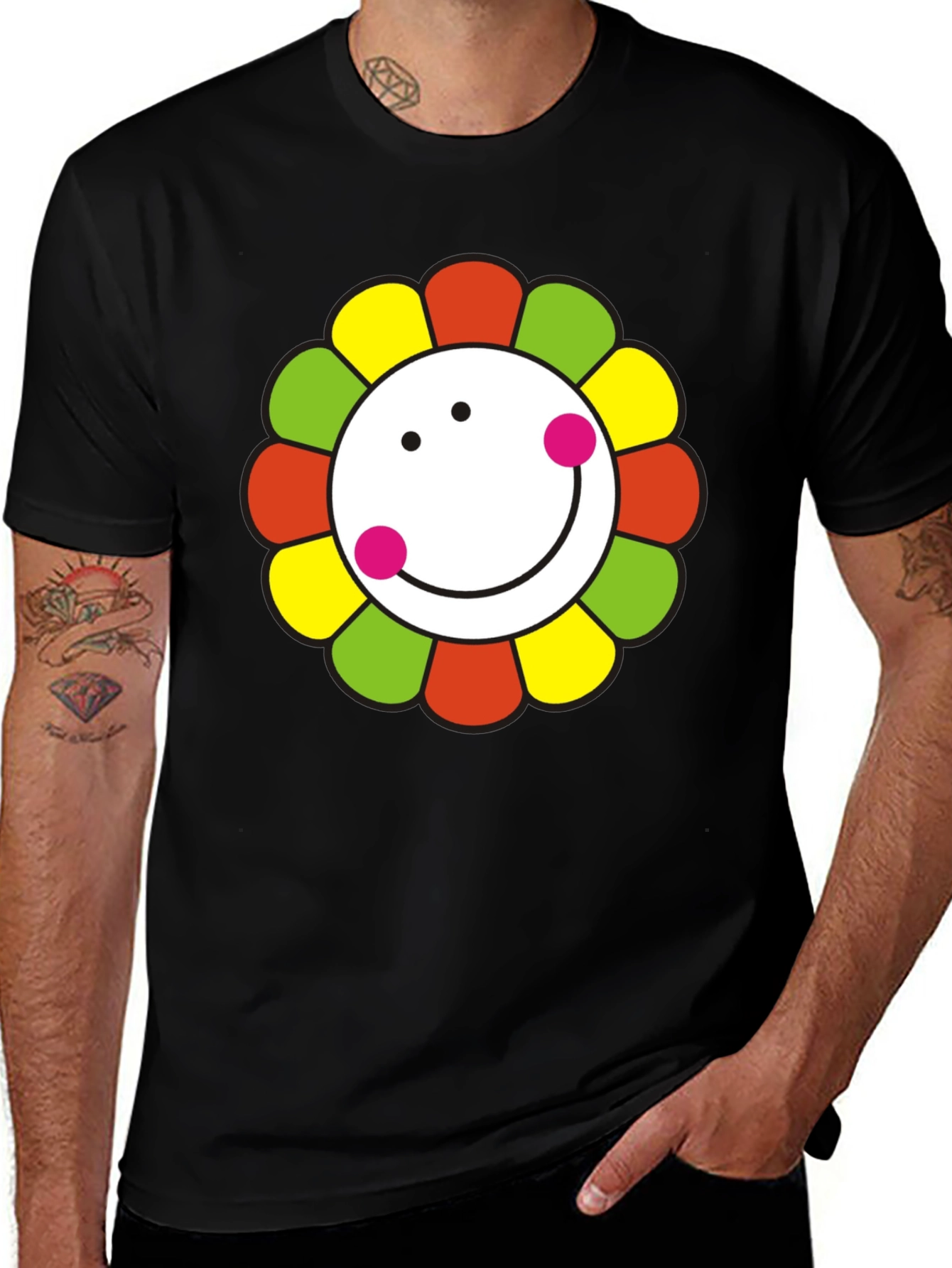 Variant 4 of Smiley Flower Graphic T-Shirt - Black Cotton Tee