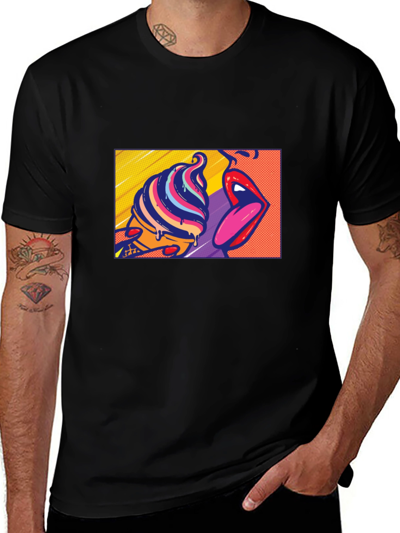 Variant 21 of Pop Art Ice Cream Lips Graphic Black T-Shirt