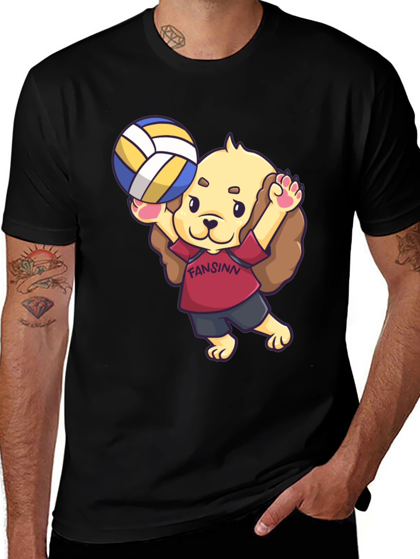 Dog Volleyball Cartoon Black T-Shirt