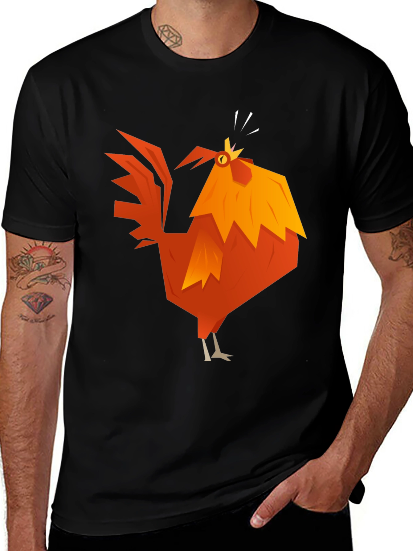 Variant 29 of Geometric Rooster Graphic Tee - Black Cotton Blend