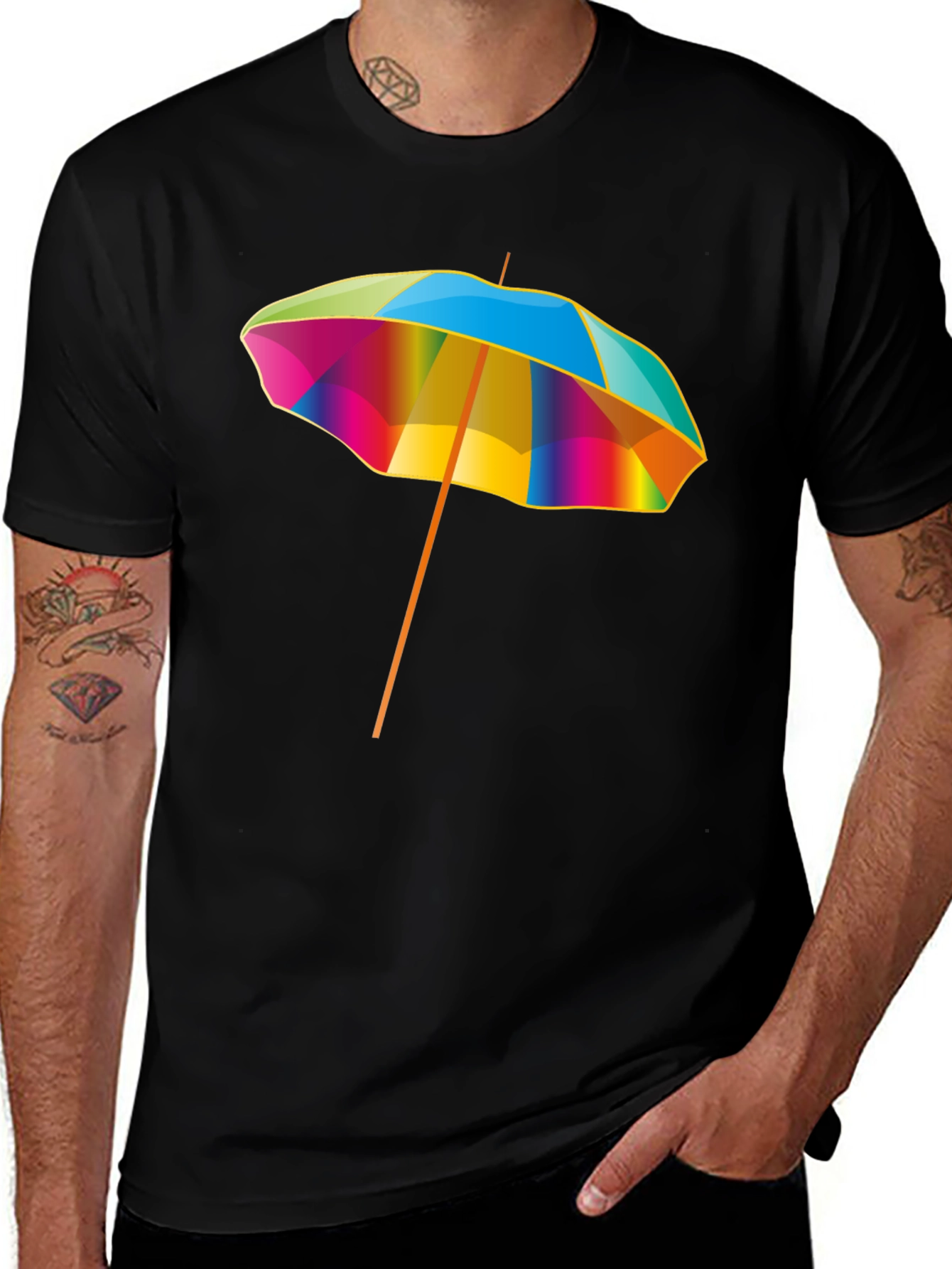 Variant 8 of Men's Black T-Shirt with Colorful Beach Umbrella Graphic