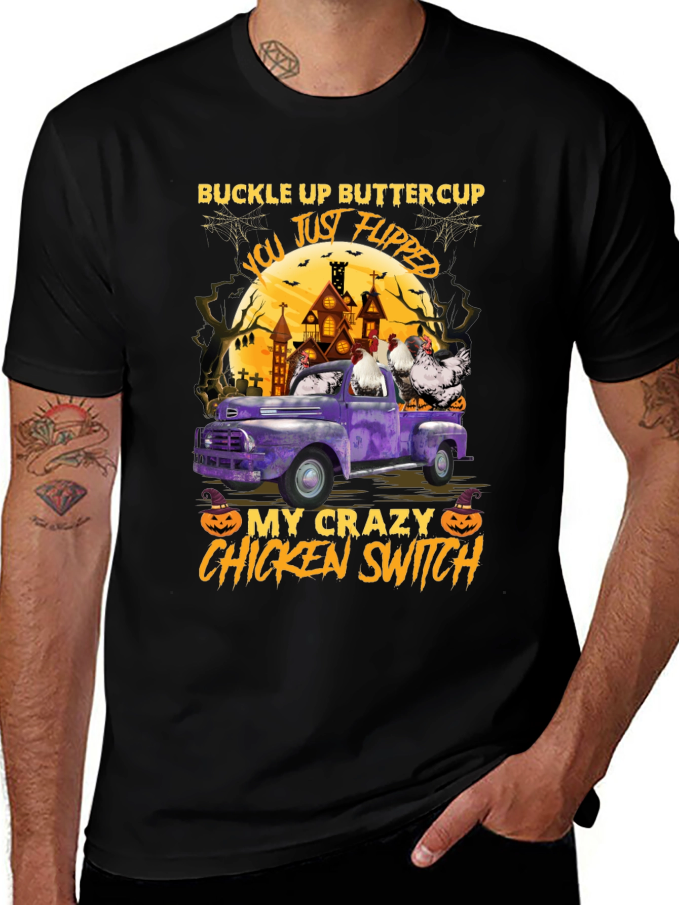 Black Crazy Chicken Switch Halloween T-Shirt main image