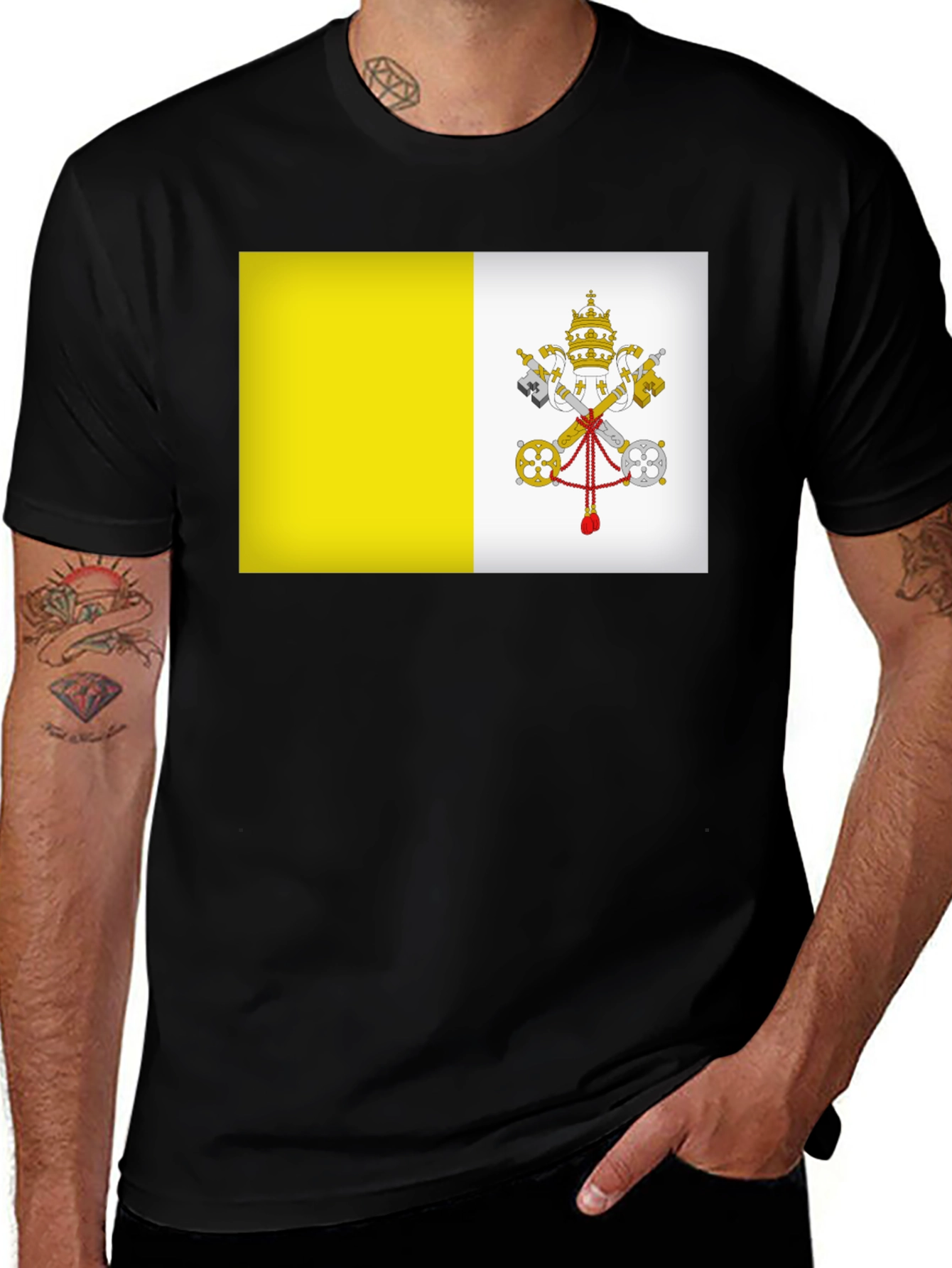 Vatican City Flag Graphic Tee - Black Cotton Blend T-Shirt