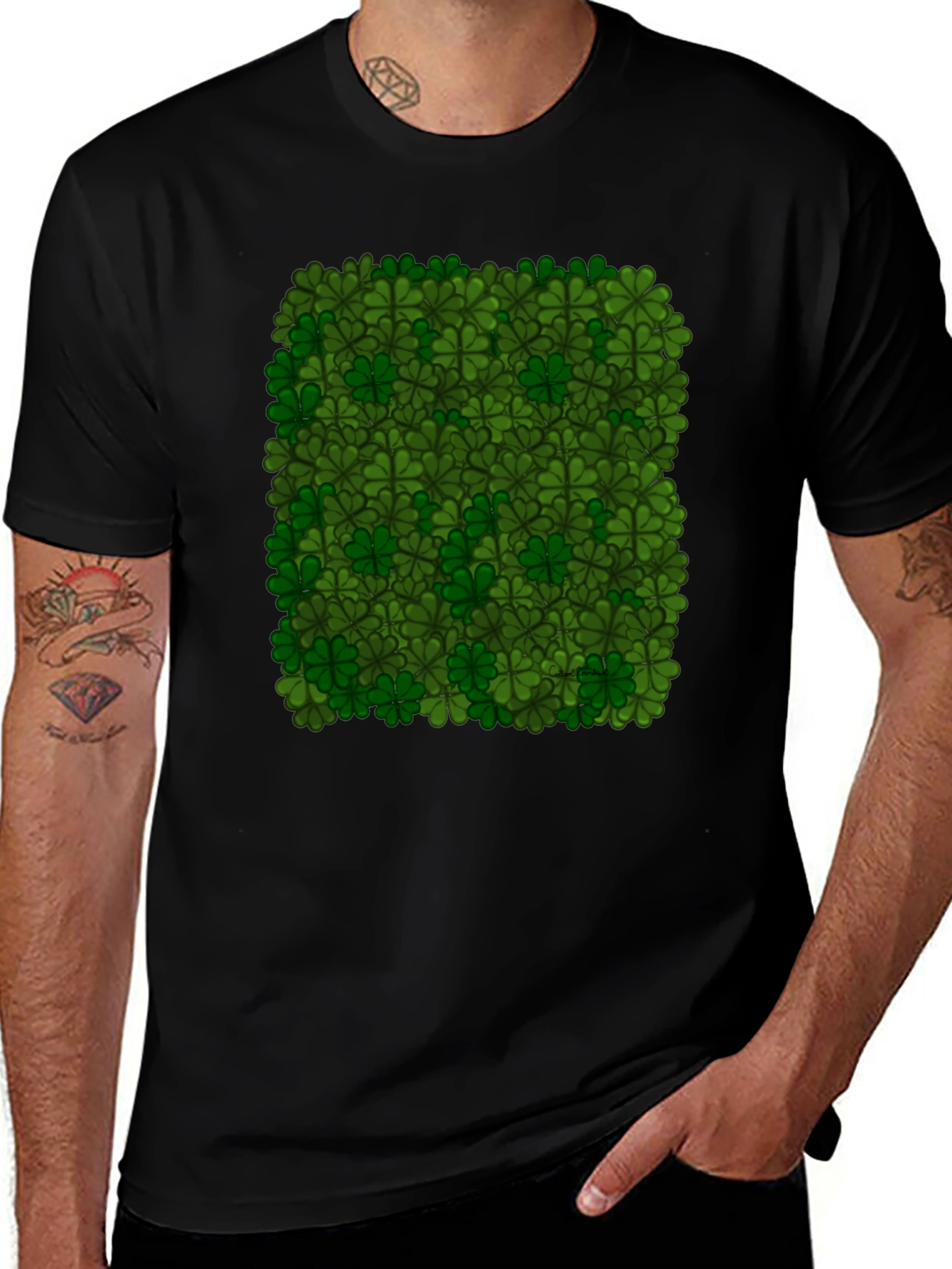 Lucky Clover Pattern Black T-Shirt