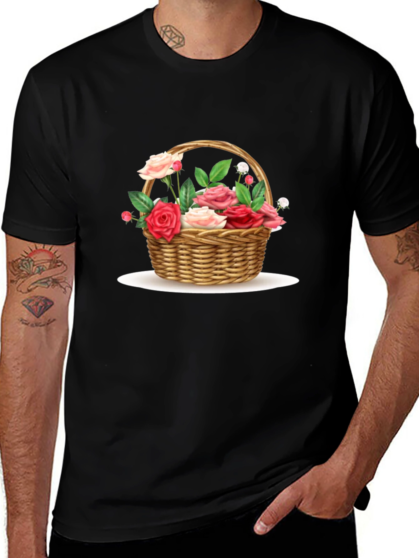 Variant 25 of Floral Basket Graphic Tee - Black Casual T-Shirt
