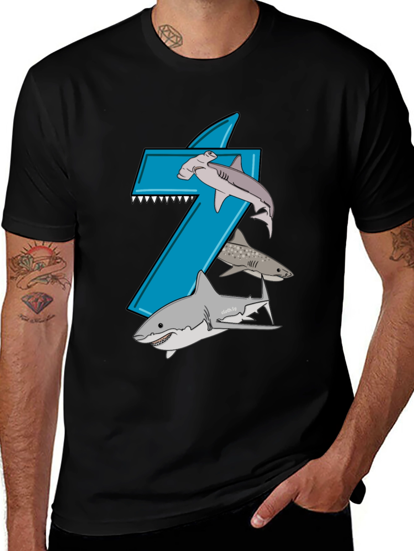Shark-Themed Number 7 Birthday T-Shirt