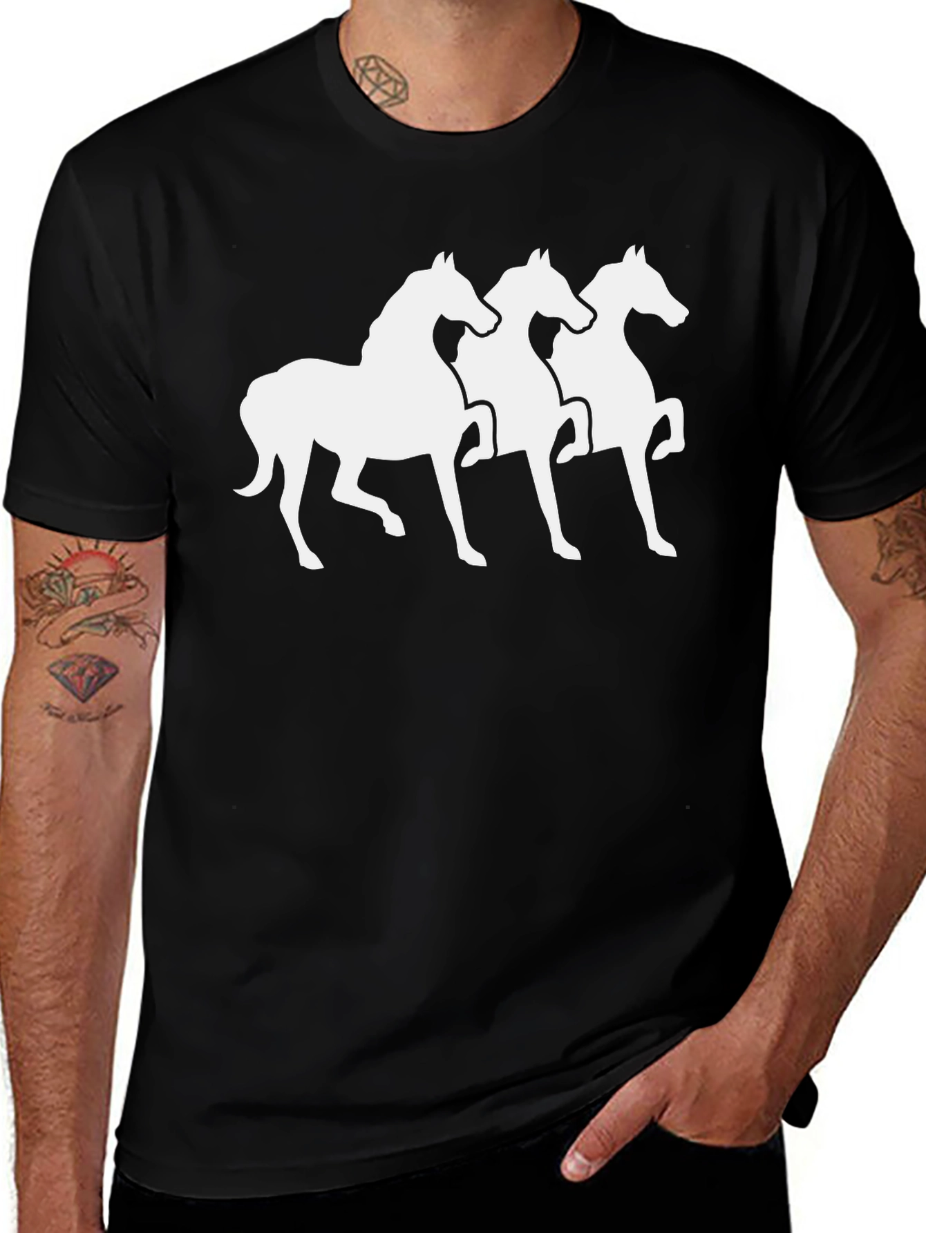 Black T-Shirt with White Horse Silhouette Design