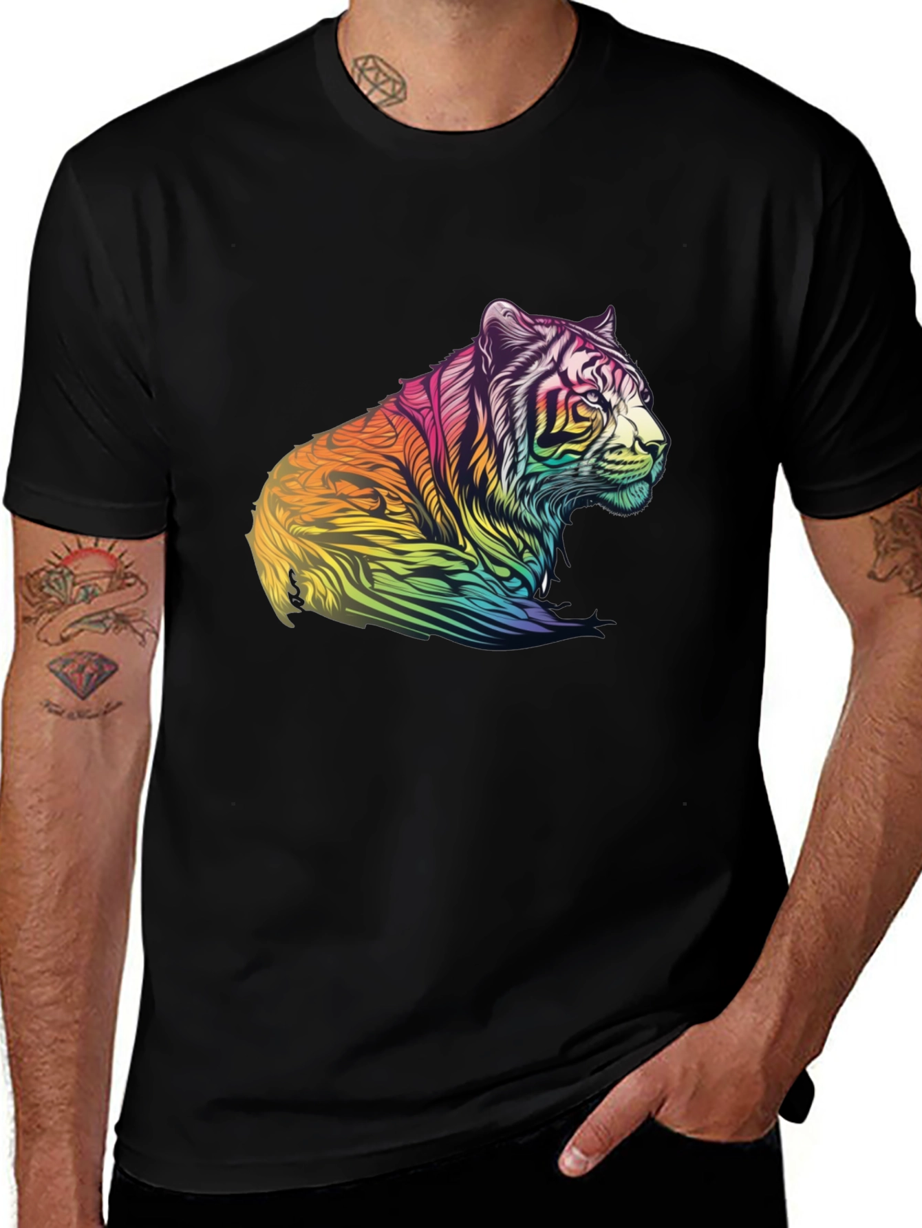 Variant 6 of Rainbow Tiger Graphic Tee - Men's Black T-Shirt