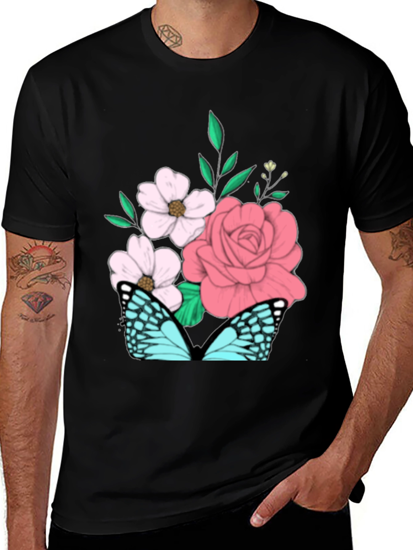 Variant 17 of Floral Butterfly Graphic Tee - Black T-Shirt
