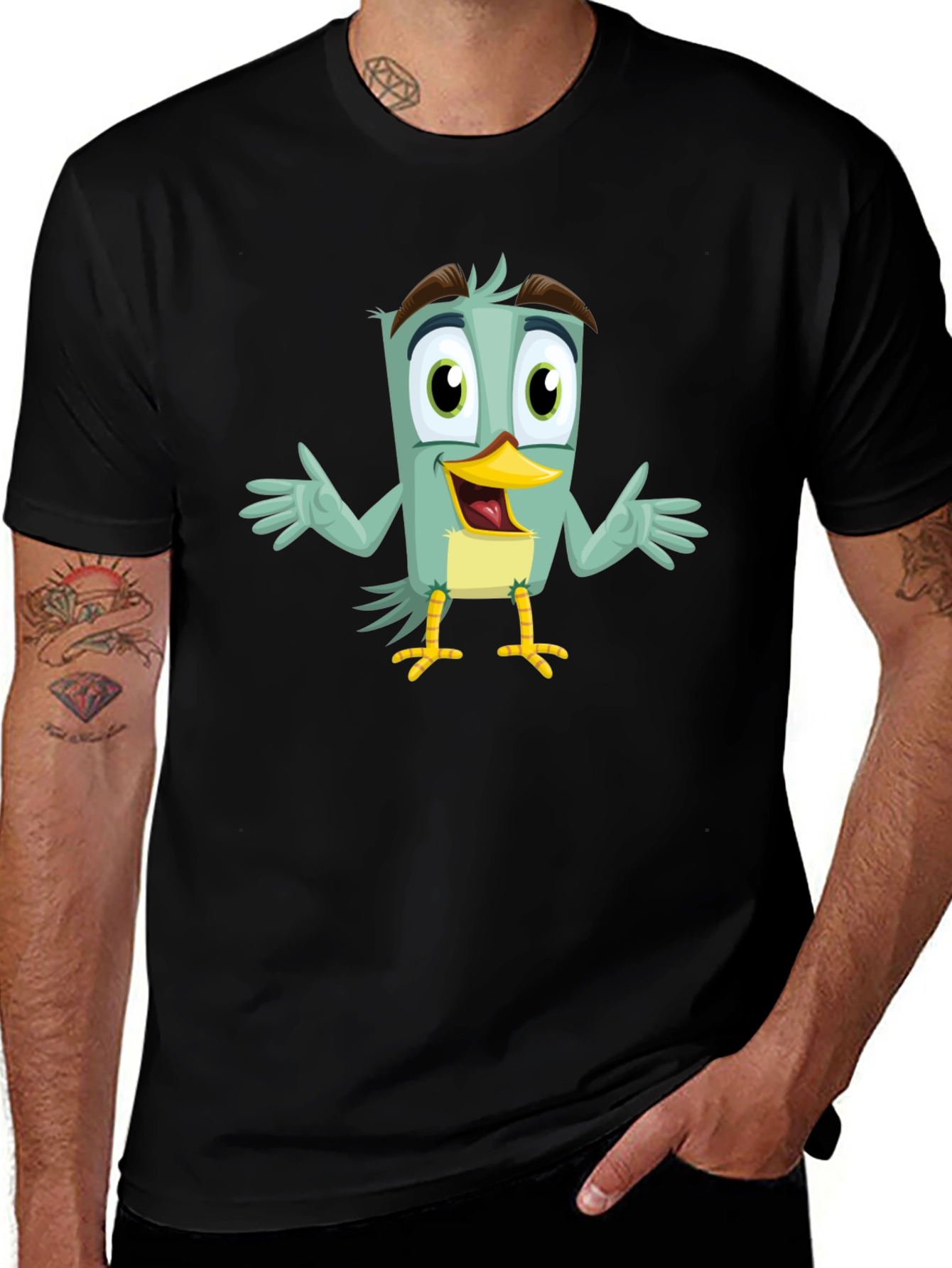 Variant 11 of Cartoon Bird Graphic T-Shirt - Funky Black Tee