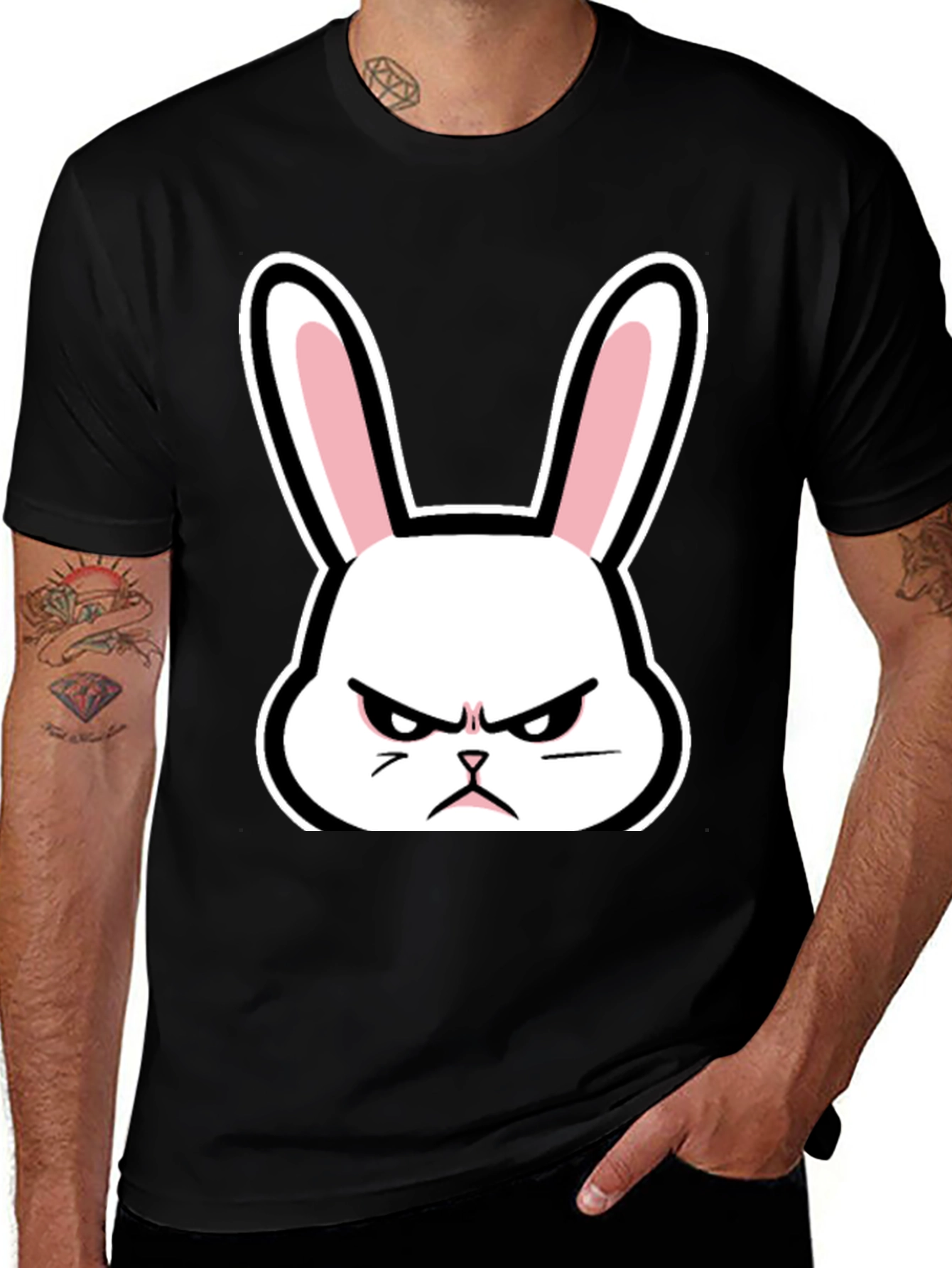 Variant 23 of Grumpy Bunny T-Shirt - Black Cotton Angry Rabbit Tee