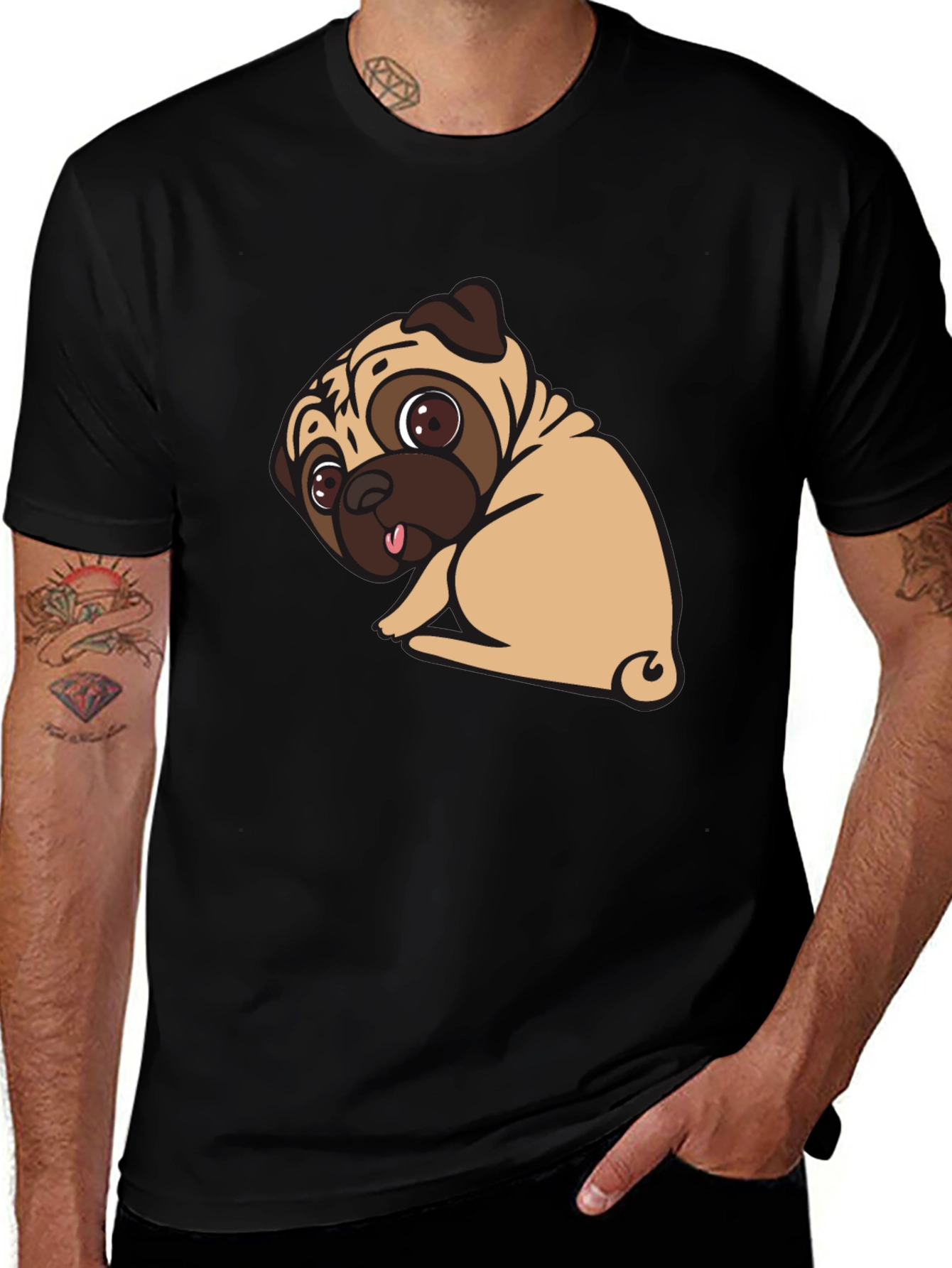Variant 3 of Cartoon Pug Graphic Tee - Black Cotton T-Shirt