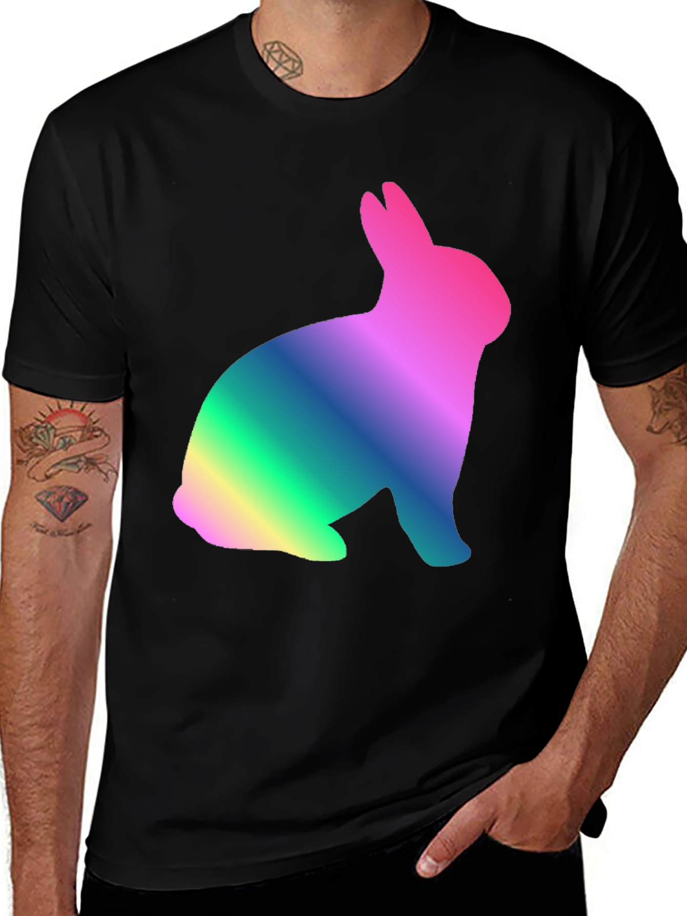 Variant 3 of Rainbow Gradient Bunny Rabbit Graphic Print Black Tee