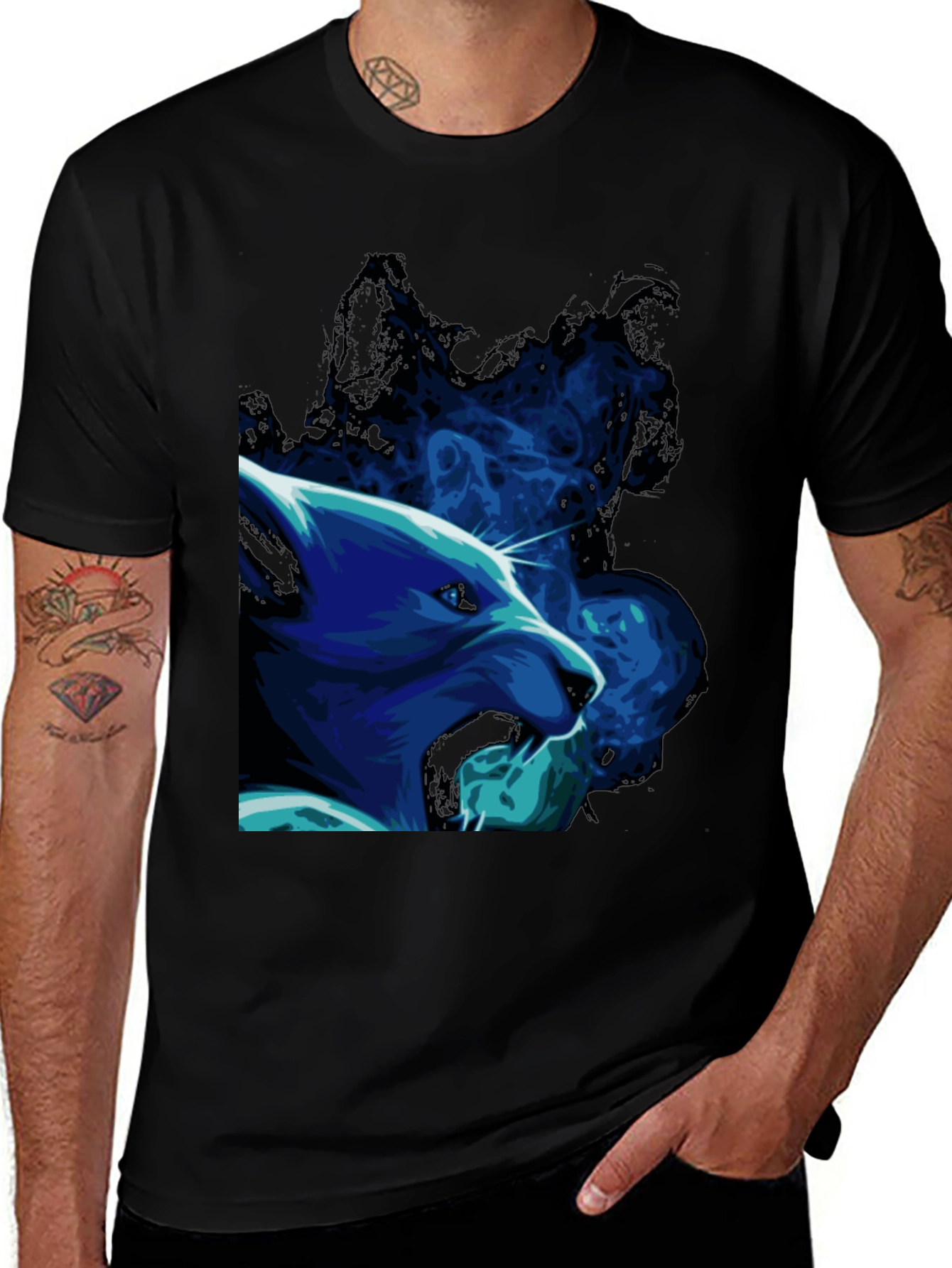 Variant 30 of Cool Blue Wolf Graphic Black T-Shirt
