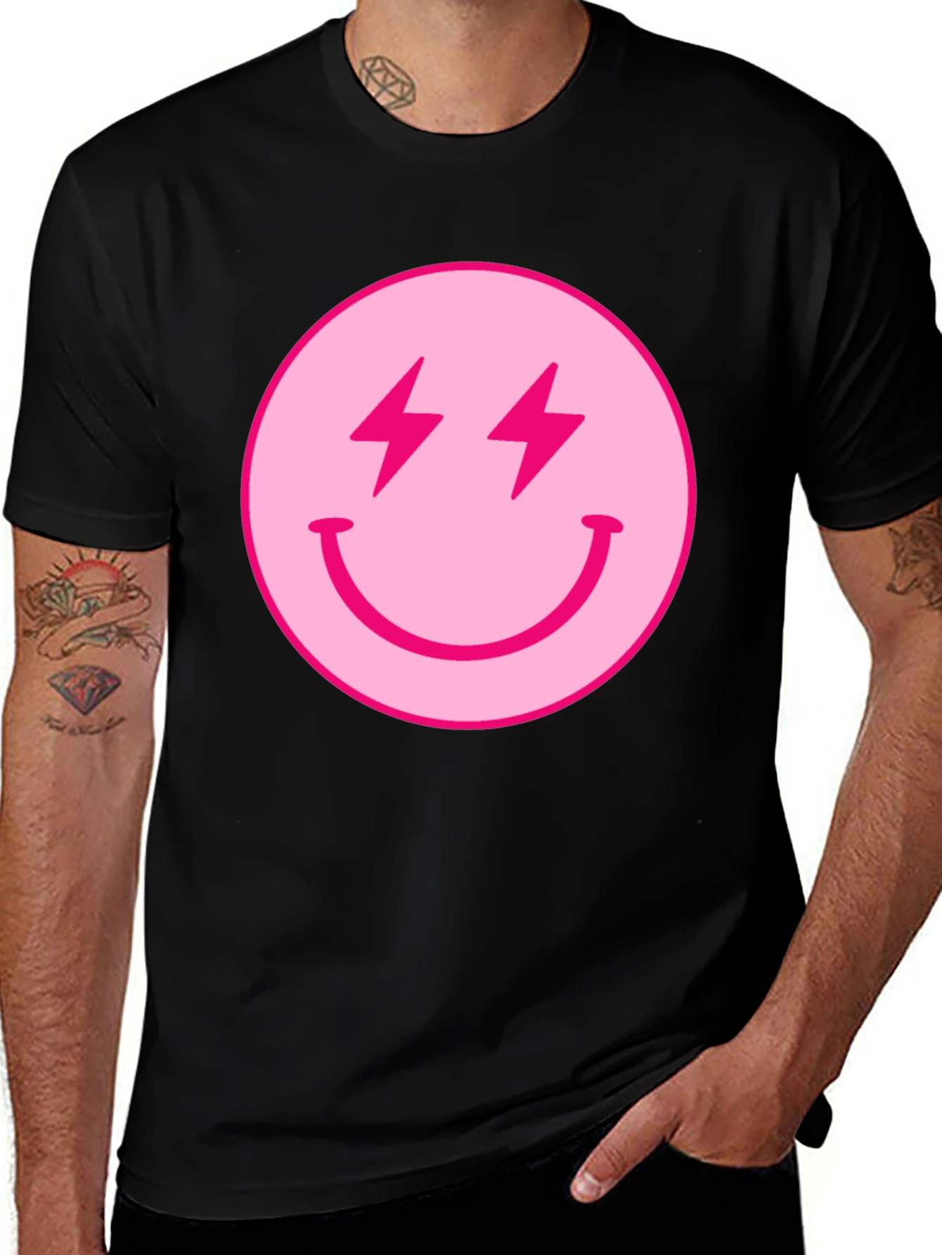 Smiley Face Graphic T-Shirt - Pink Lightning Bolts