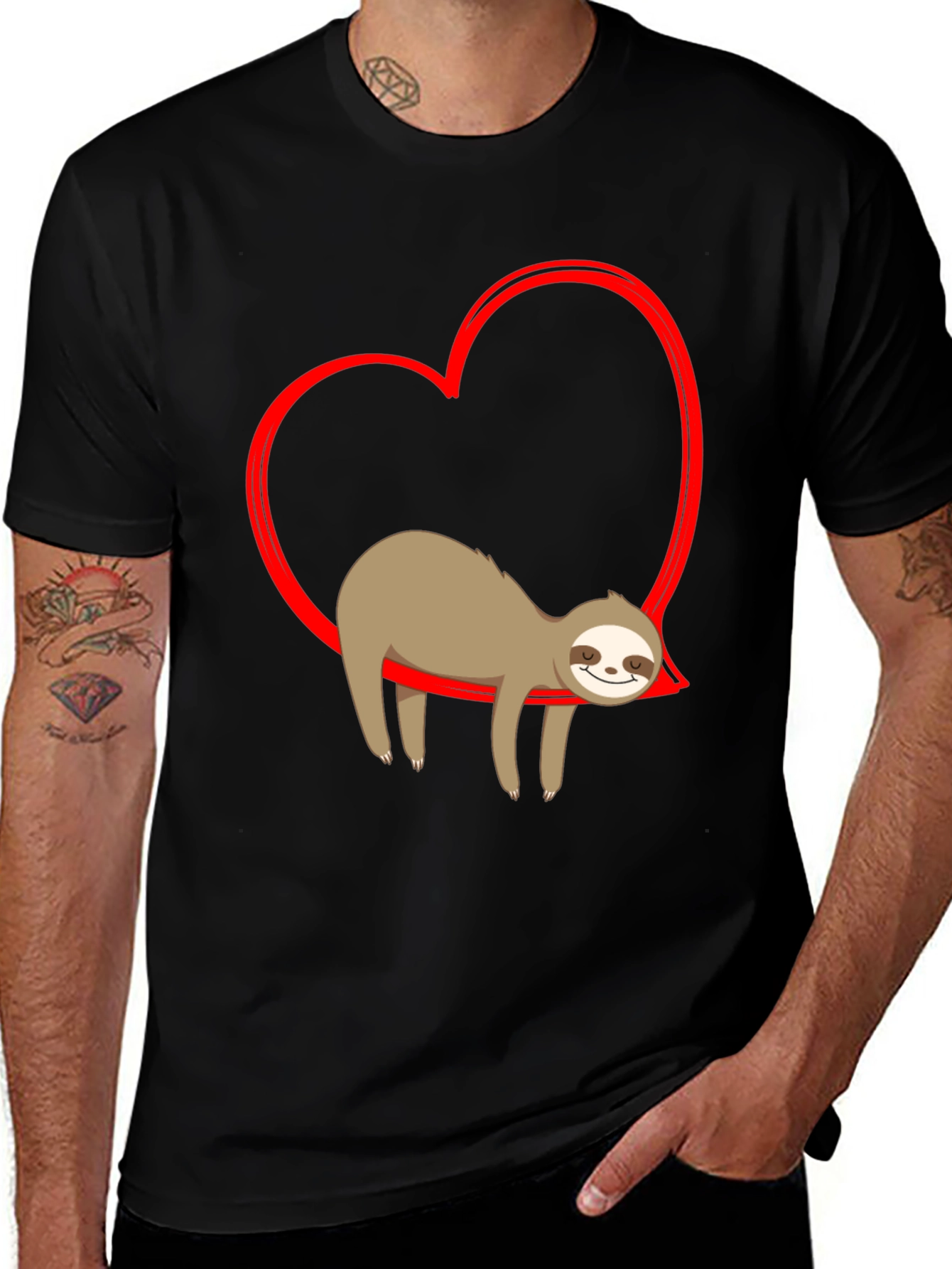 Sloth in Heart T-Shirt - Casual Black Tee