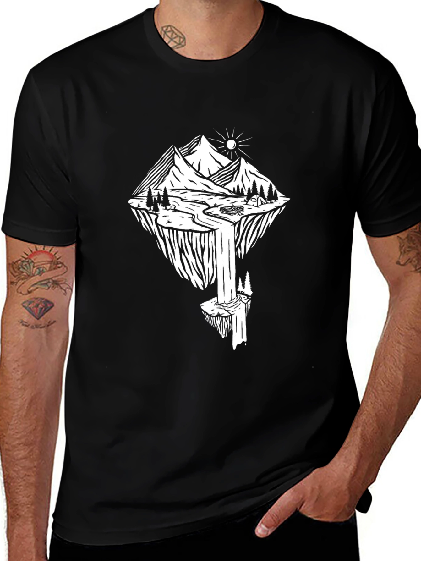Variant 30 of Mountain Waterfall Graphic T-Shirt - Black Cotton Tee